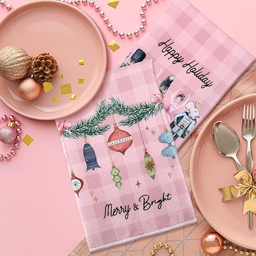Miniatura 4 de 6 toallas de cocina de Navidad, diseño de árbol de cascanueces, toallas de mano a cuadros de búfalo rosa y blanco, paños de cocina de invierno para