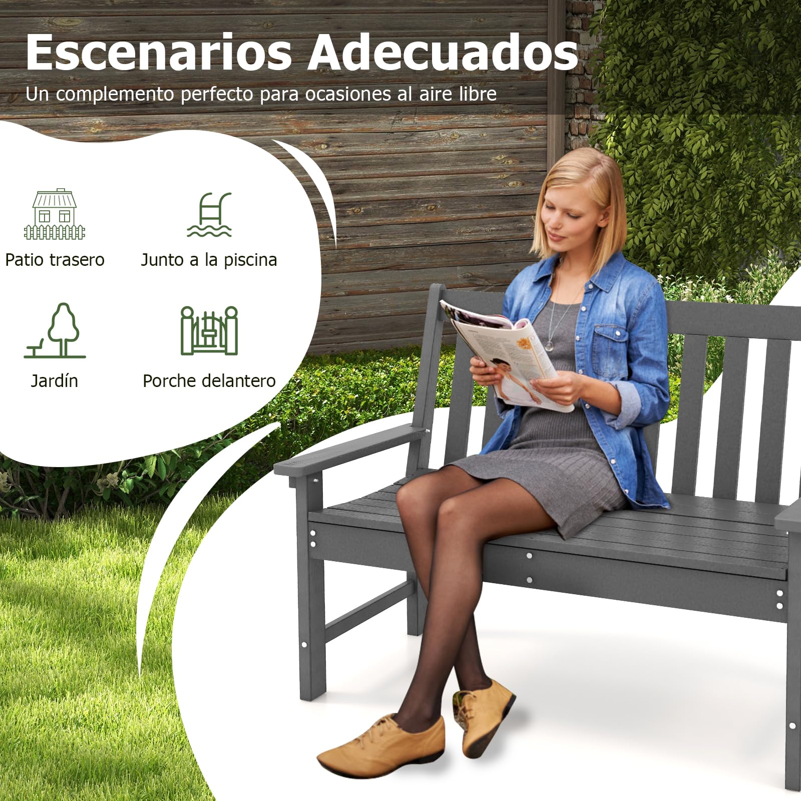 GIANTEX Banco de Jardín 2 Plazas, Banco de Plástico con Respaldo y Reposabrazos, Asiento de Láminas, Carga hasta 320 kg, 132 x 65 x 91 cm, para Parque, Porche, Balcón (Gris)