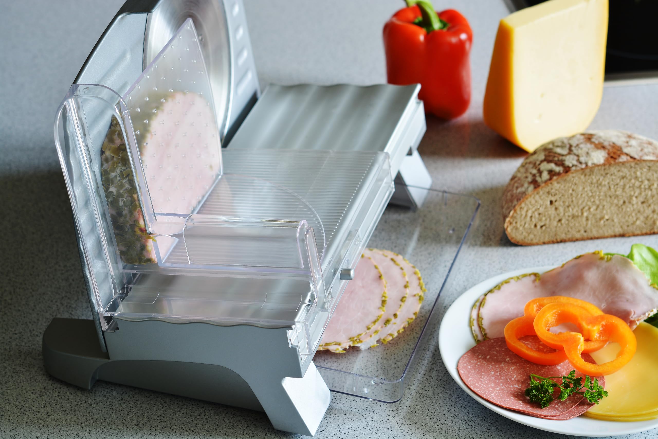 BLAUPUNKT – Allesschneider Elektrisch - Brotschneidemaschine – Aufschnittmaschine – Präzises Schneiden von Brot, Käse und Wurst, 17cm Edelstahlmesser, 0–20mm Schnittstärke, Aluminium-Basis – FMS501
