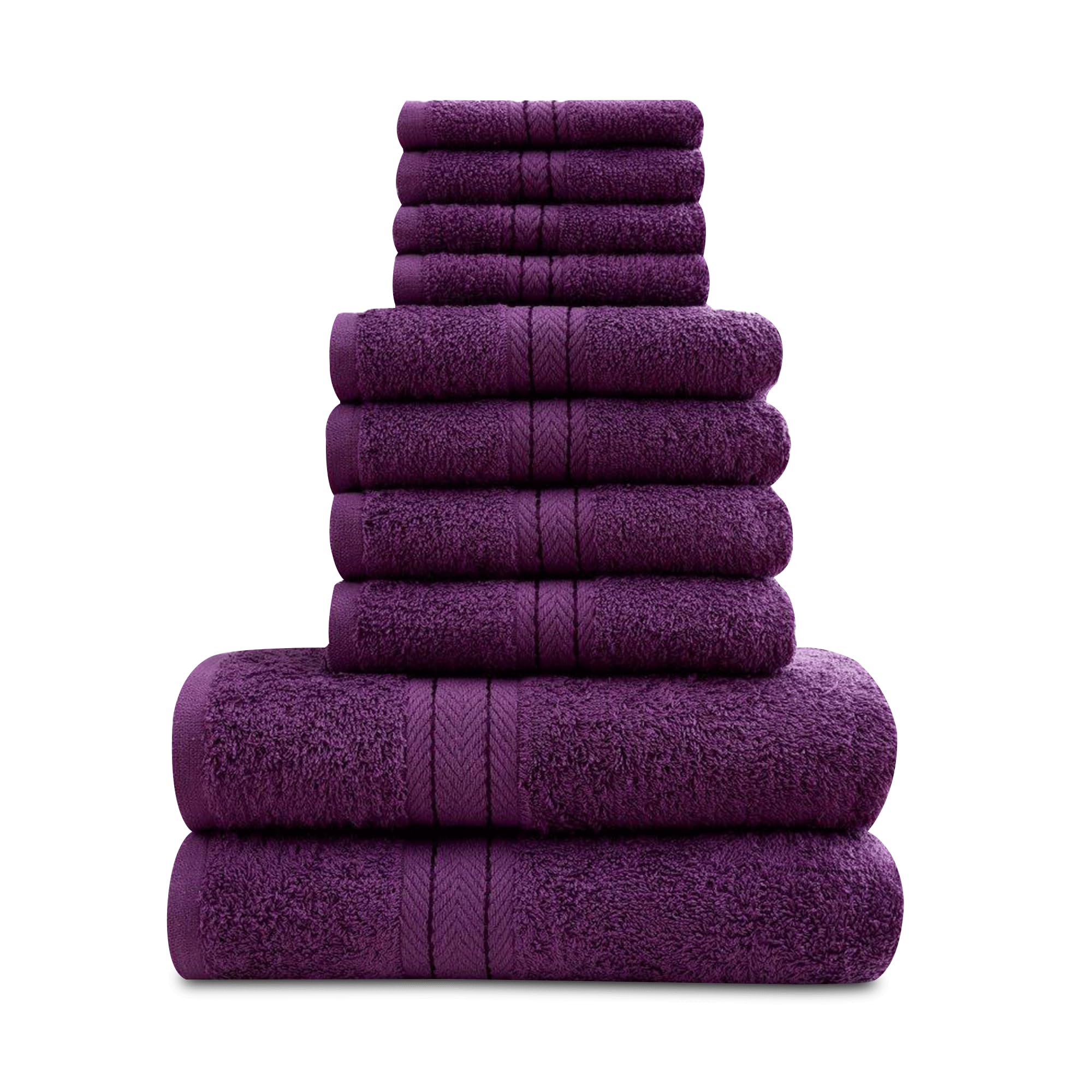VELVETIO Egyptian Cotton Towels 10 Piece Set, Super Soft 4 Face Cloths 4 Hand Towel 2 Bath Towels, Quickly Dry Water Absorbent Bathroom Bundle Sets, Purple, 450 GSM