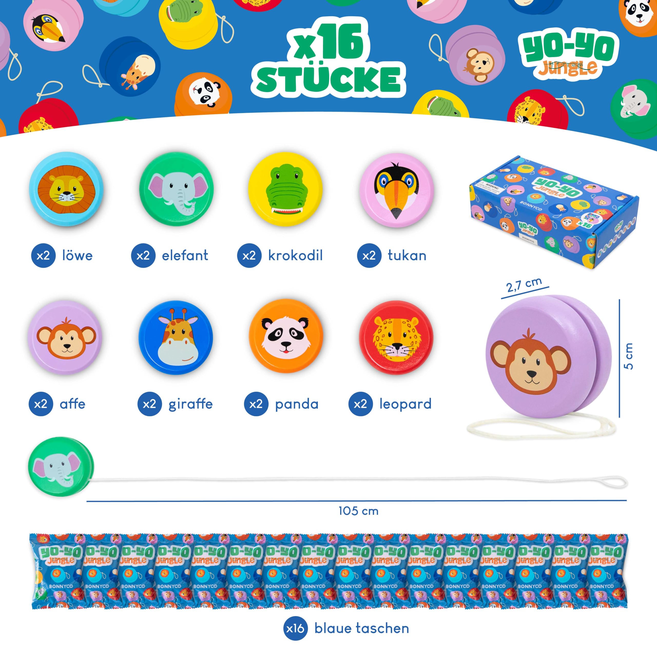 BONNYCO JoJo Kinder Mitgebsel Kindergeburtstag Gastgeschenke Tiere 16 Stück. JoJo Holz, Kleine Geschenke für Kinder. Give Aways Kindergeburtstag, Mitgebsel Set. Pinata Füllung, Yoyo Mitbringsel