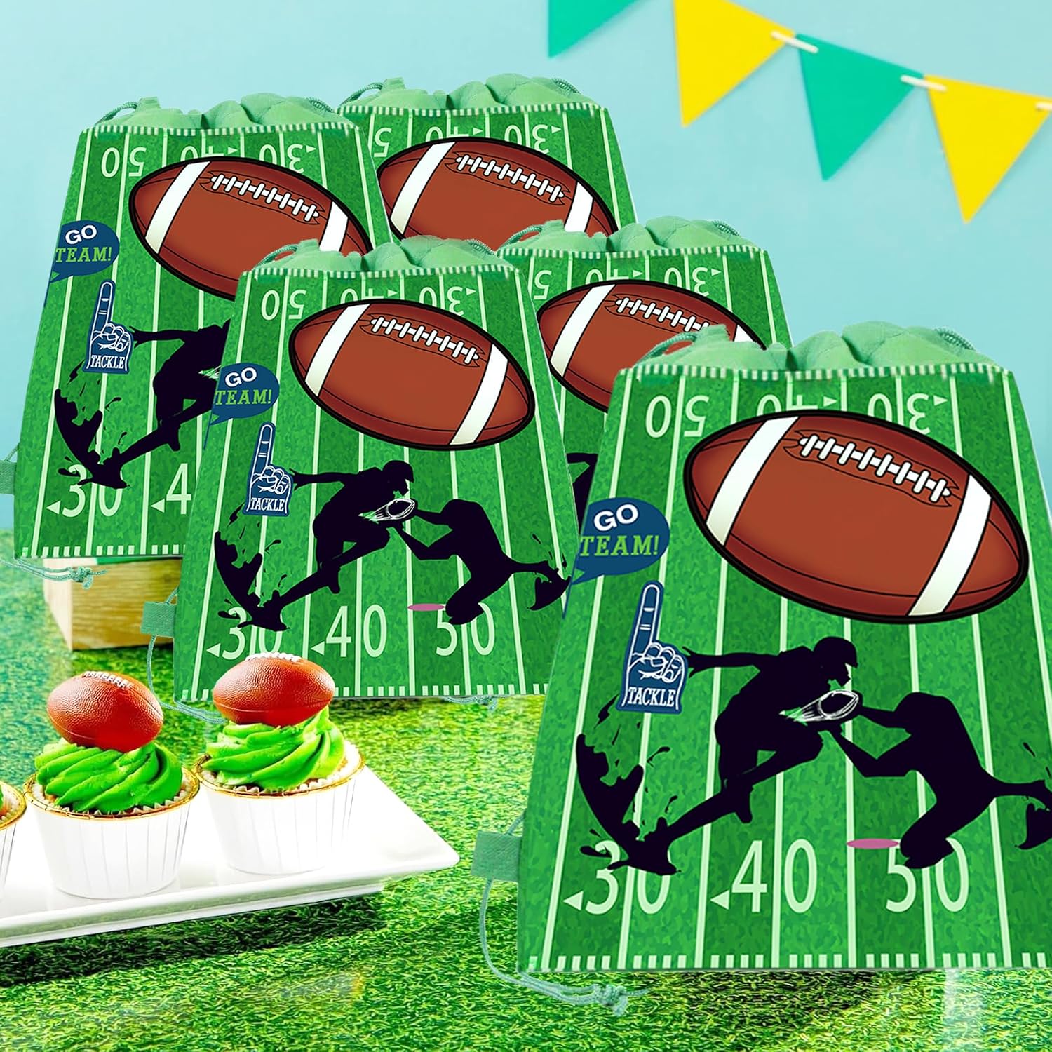 CC HOME 12Pcs Rugby Drawstring Party Bags, Rugby Football Gift Candy Treat Bags, Sport Football Theme Party Favor Bags for Baby Shower Kids Girls Boys Birthday Party Decorations 10.6 x 13.4 inch image 5