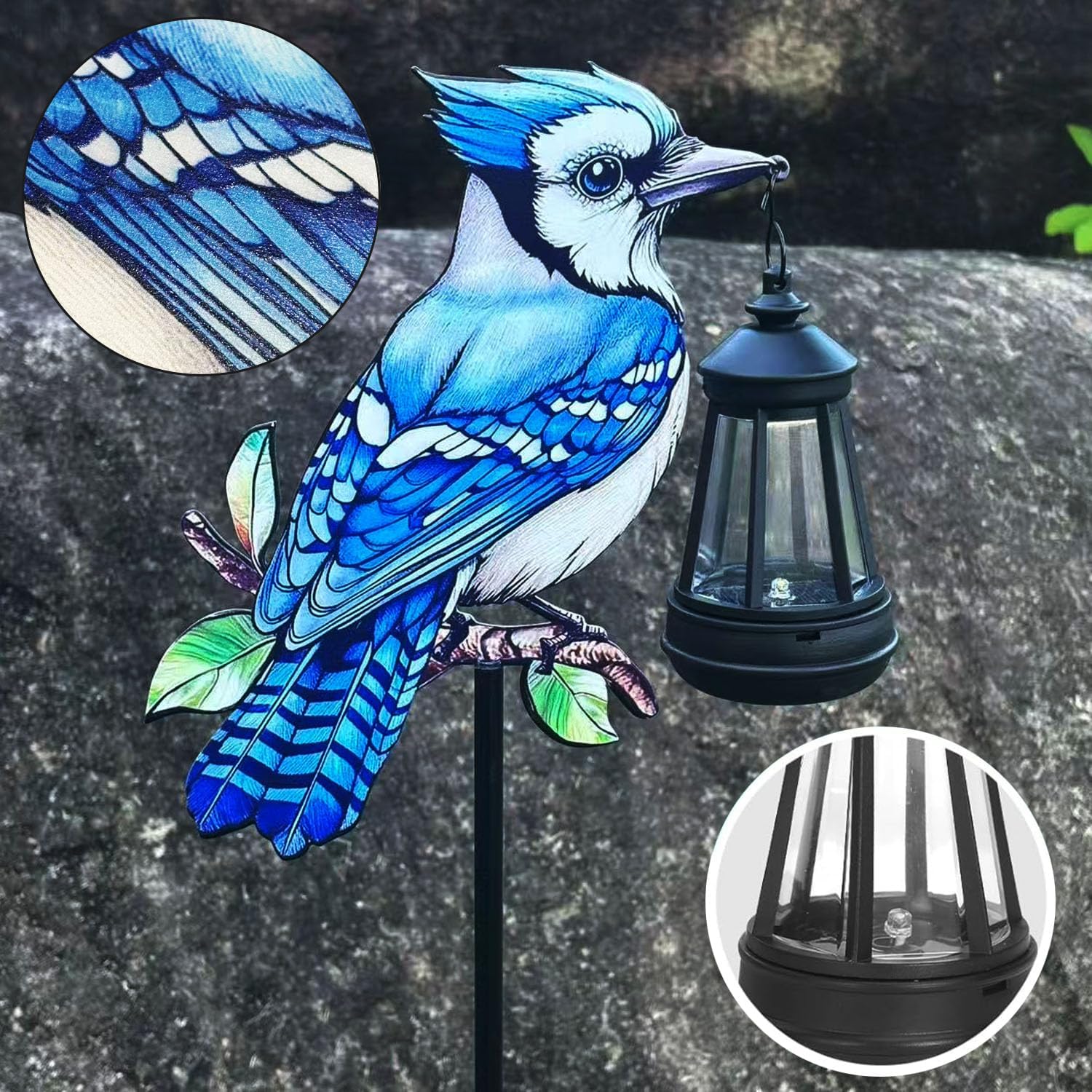 2 Pack Solar Lanterns Outdoor Decor Solar Bule Jay Lanterns Solar Cardinal Redbird Lights Metal Stake Yard Garden Decor Art Figurine Waterproof LED Lights Gifts for Mom Grandma Women(Blue Jay)
