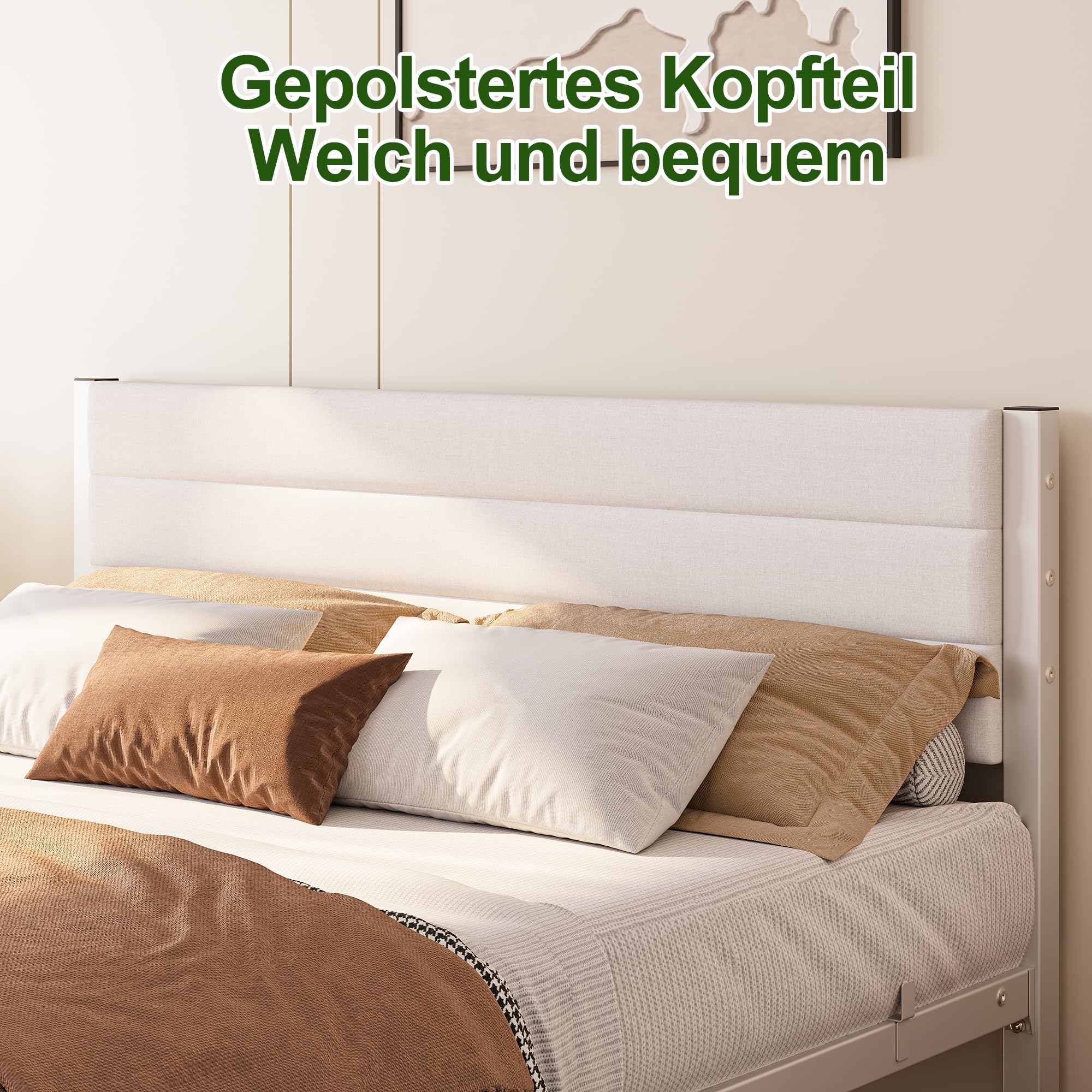 Bett 140x200 mit Stauraum und lattenrost,Bettgestell Metallbett 140x200 Bett mit Kopfteil,Bettrahmen aus Metall,Modern Doppelbett Polsterbett Bed Frame Weiß
