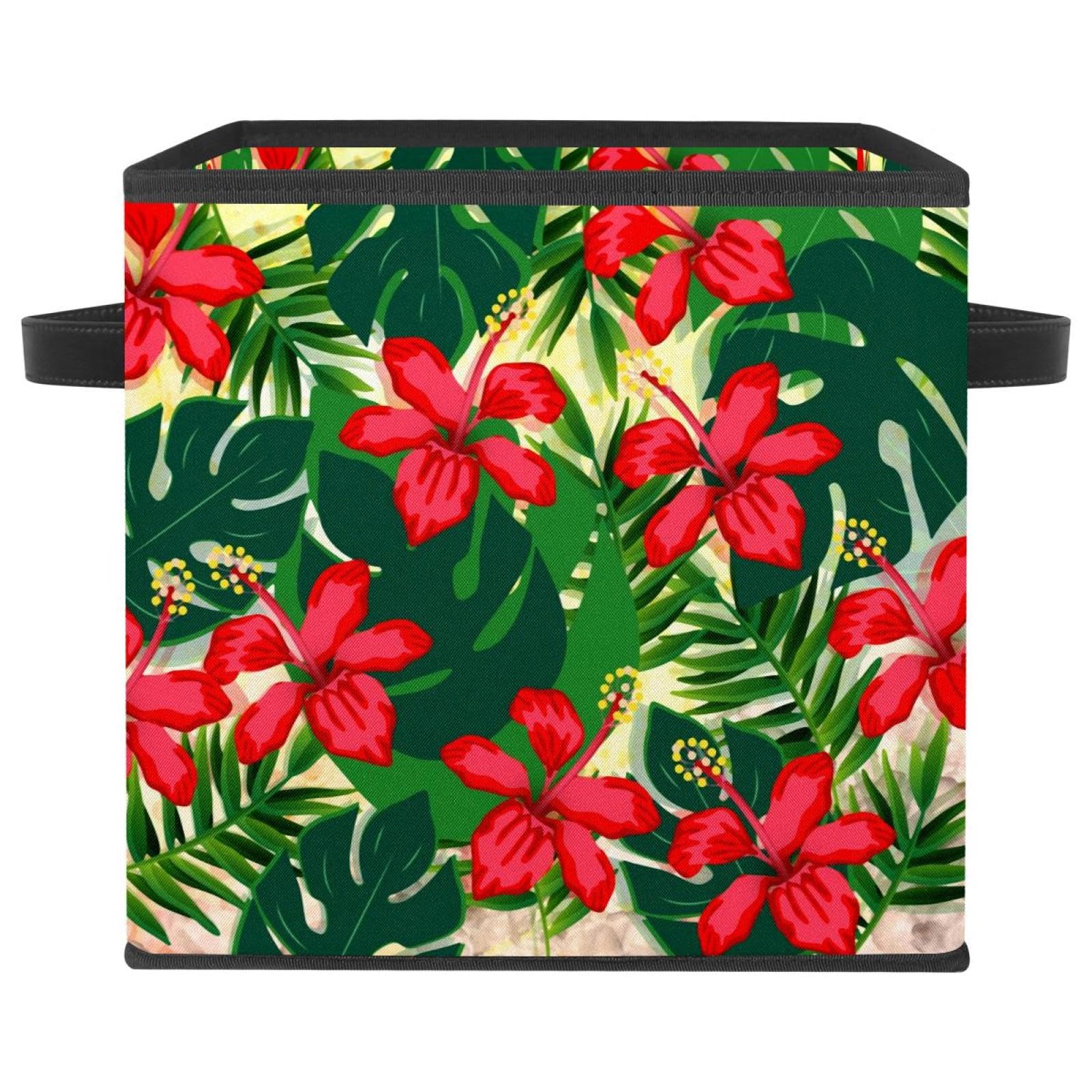 Cube de rangement pliable tissu avec motif rose de Chine rouge feuilles tropicales