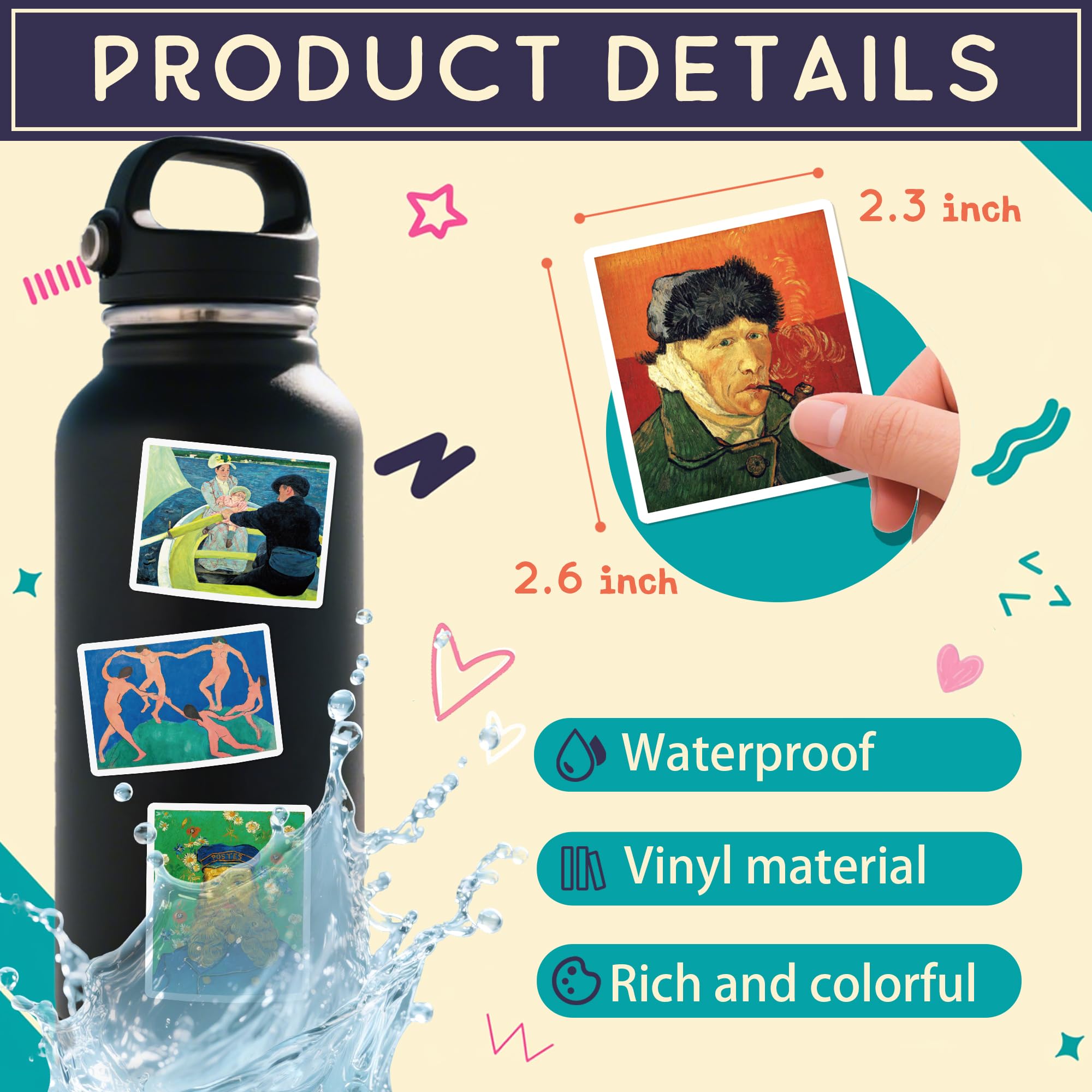 Calcomanías de arte retro para adultos y adolescentes, famosas calcomanías de pintura al óleo estéticas para botella de agua y laptop, 100 calcomanías de vinilo impermeables, regalos para
