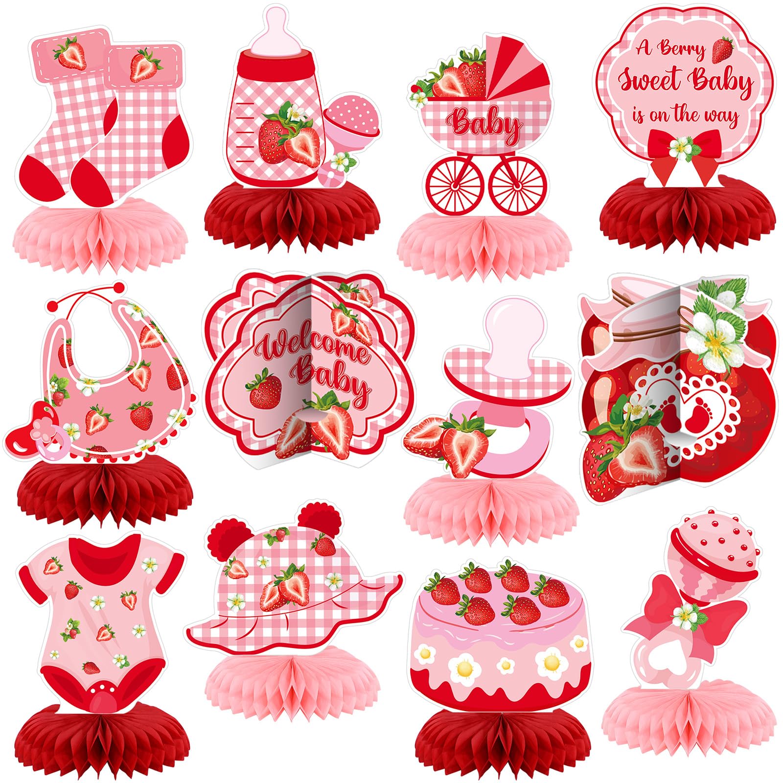 Photo 1 of 12 Pcs Strawberry Baby Shower Decoration Strawberry Honeycomb Centerpiece a Berry Sweet Baby Is on the Way Table Topper 3D Double Sided Table Decoration for Birthday Baby Shower Party Favors