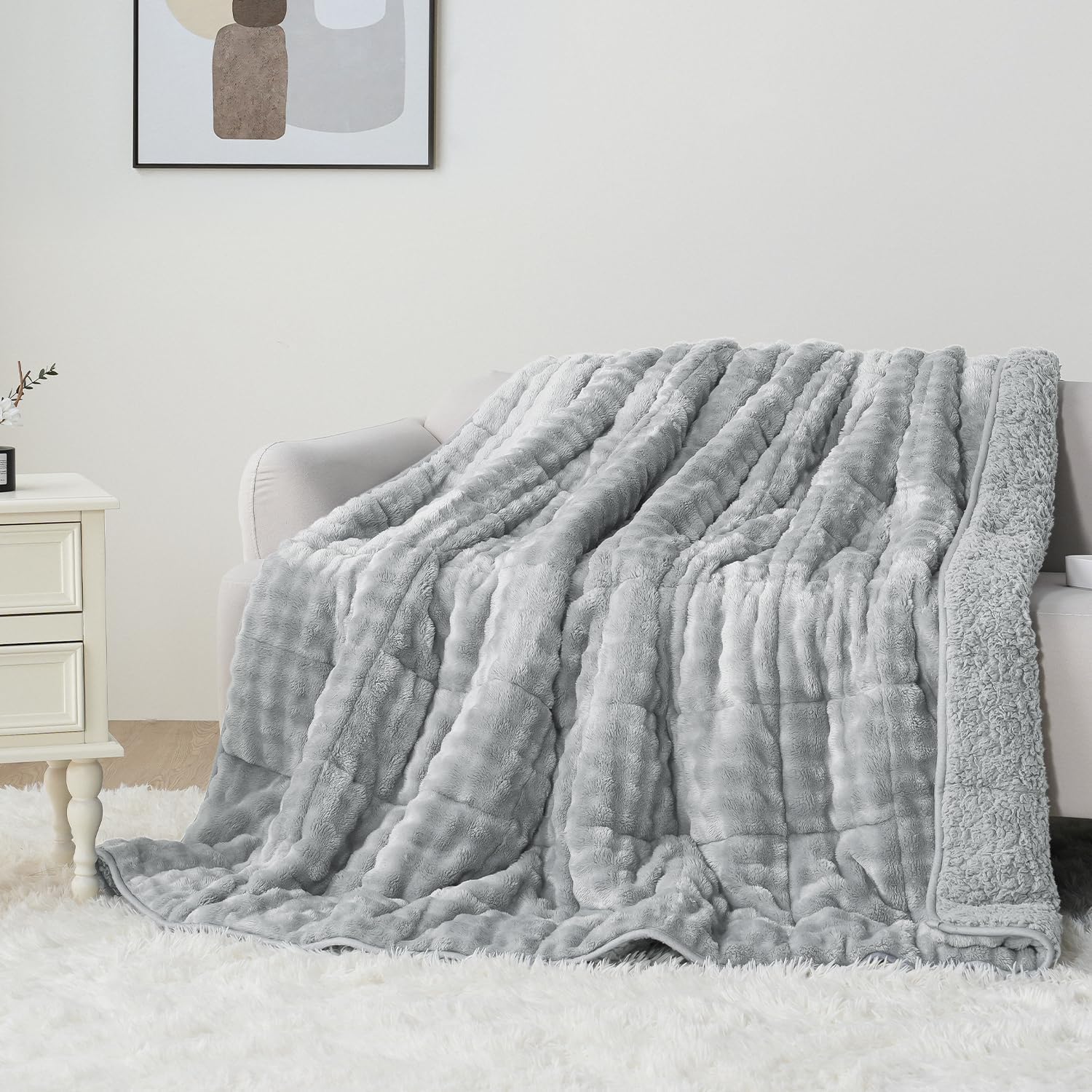 Lessymo Weighted Blanket 20lbs for Adults, Bubble Faux Fur Sherpa Fleece Weighted Blankets for Sleep and Calming, Warm Fuzzy Plush Heavy Blanket for Queen Size Bed, Washable, 60″x80″, Gray