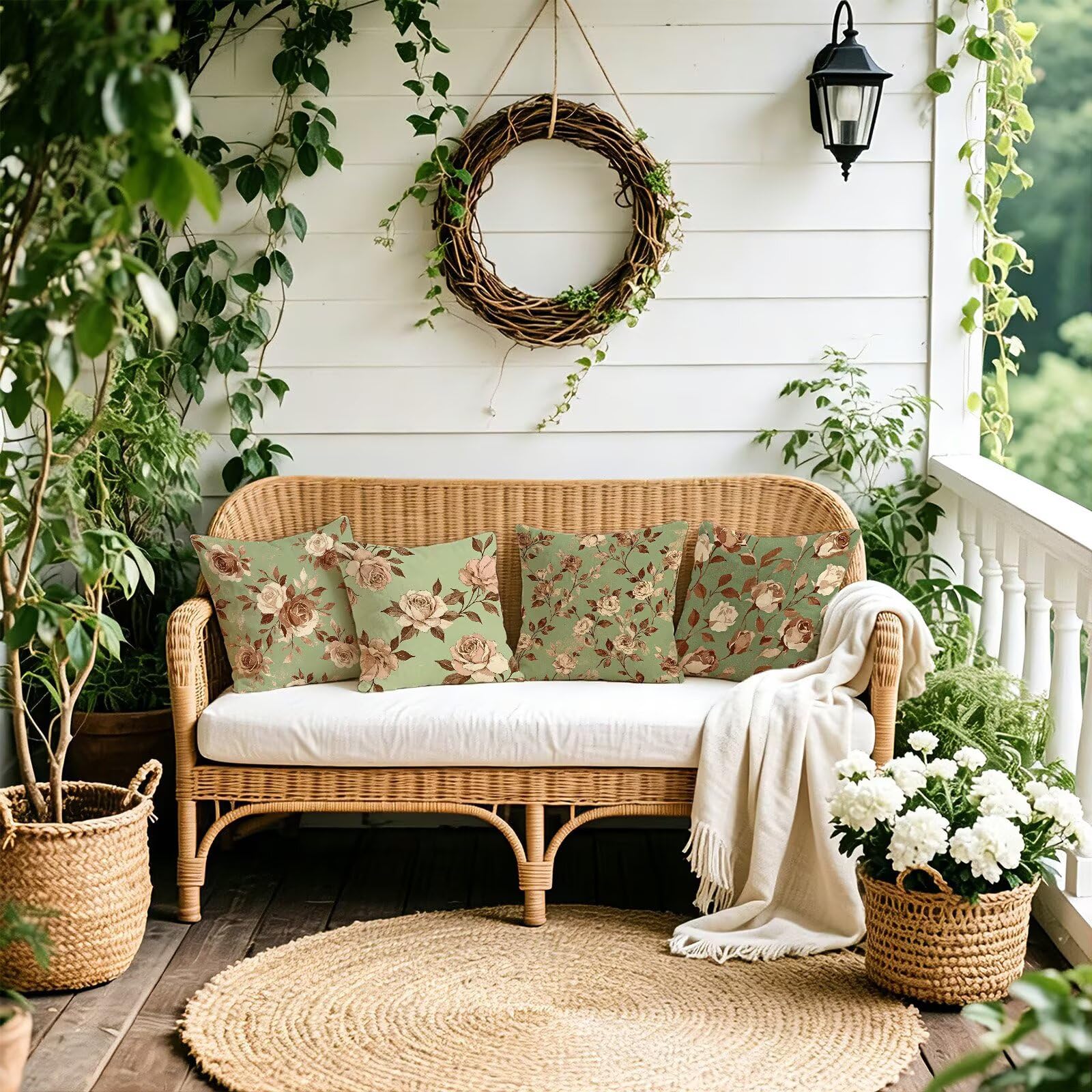 Verde Federe Cuscini Divano 50x50cm, Cuscini da Esterno Set de 4, Cod-167 | Lin Copricuscini Decorativi Letto Arredo, per Letto, Soggiorno, Giardino, Esterno, Casa Decorazione Set di 4 Fiore