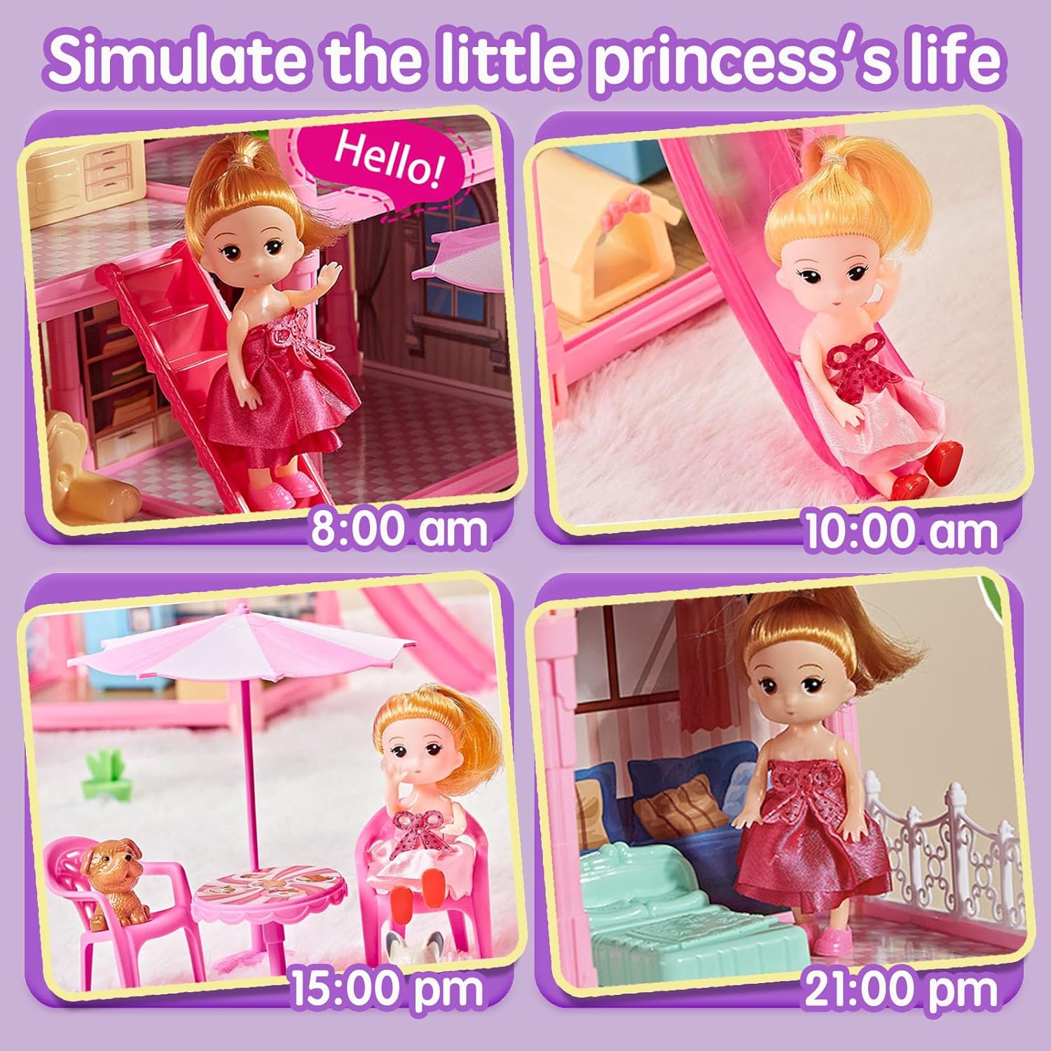 Villa Toy House for Girls, 4 Stories 10 Rooms Villa Playhouse with Princesses Slide Accessories, Lights, Furniture, stairs, DIY pretend toddlers playset kit for 3 4 5 6 7 8 9 10 Year Old Kids (purple)