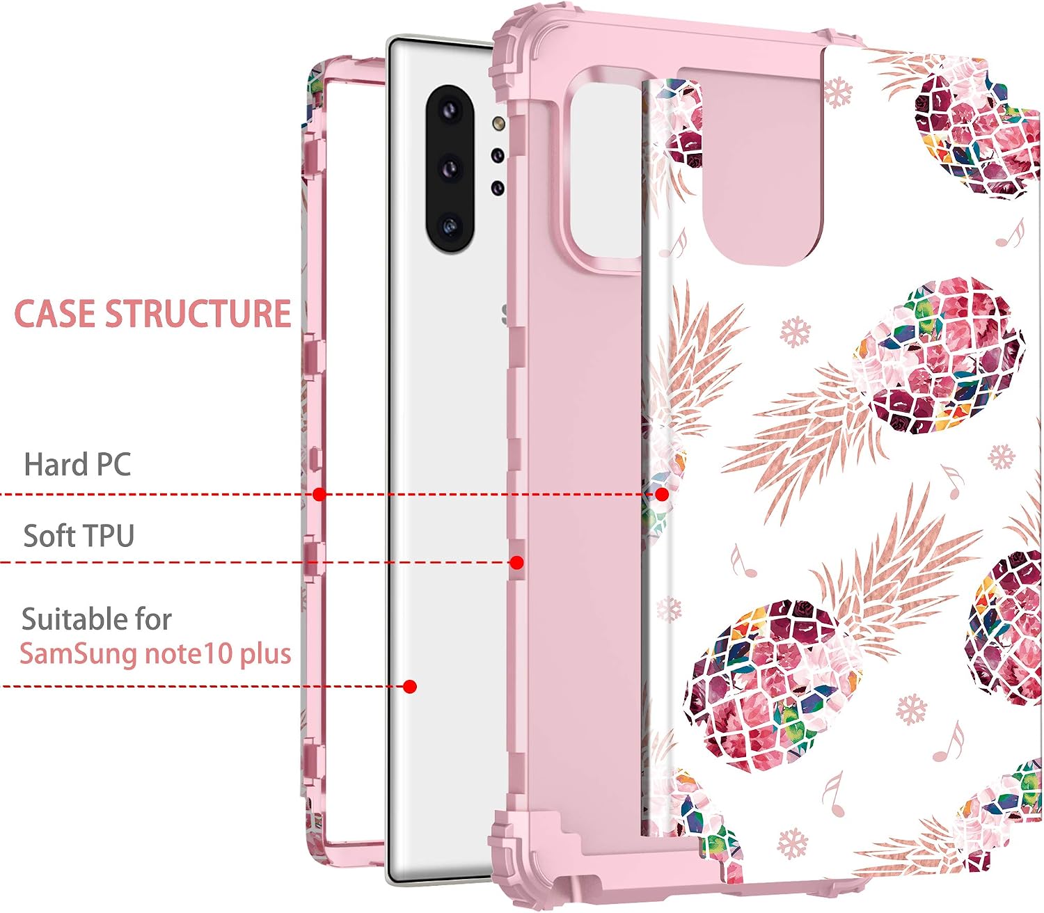 LONTECT for Galaxy Note 10 Plus Case Floral 3 in 1 Heavy Duty Hybrid Sturdy High Impact Shockproof Protective Cover Case for Samsung Galaxy Note 10 Plus/Note 10 Plus 5G, Pineapple/Rose Gold