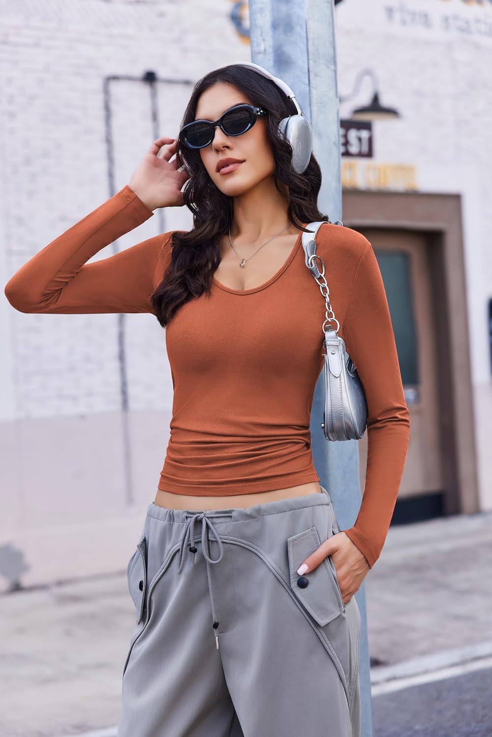 Ekouaer Women Long Sleeve Thermal Shirts Low Cut Basic Tops Slim Fit V Neck Tshirts Lightweight Casual Layering Tees - Image 3