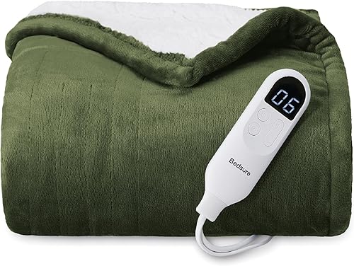 Bedsure Manta térmica eléctrica, manta eléctrica de franela suave, manta térmica con 4 ajustes de tiempo, 6 ajustes de calor y temporizador de 3