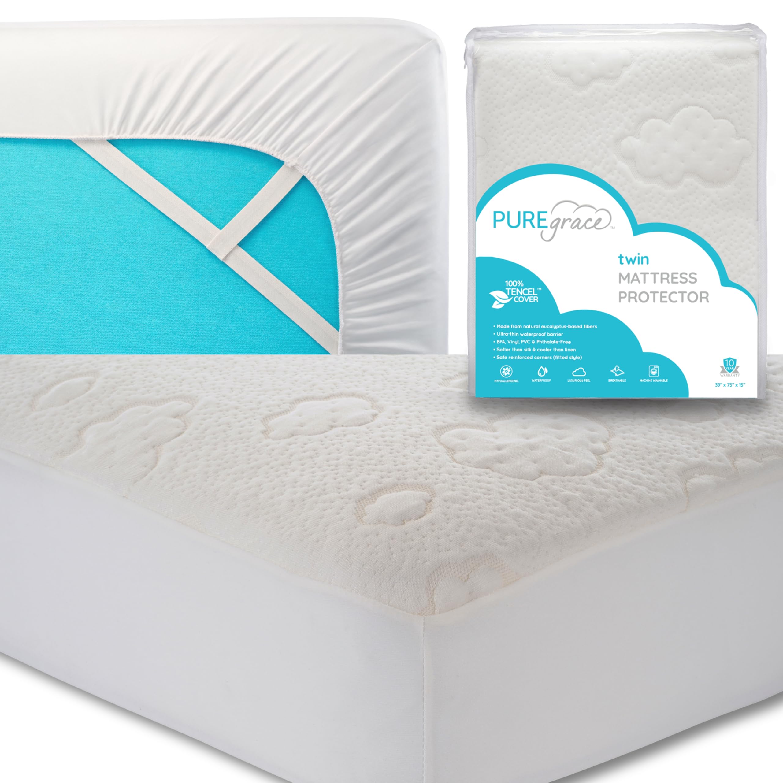 PUREgrace Twin Mattress Protector Cooling Eucalyptus Tencel Fiber Waterproof Breathable Mattress Pad Cover with Corner Safety Straps Ultra