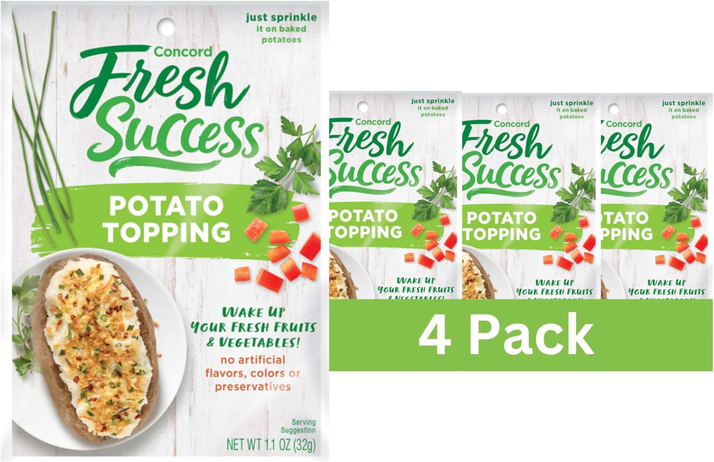 Concord Foods Potato Topping: Elevate Your Potatoes with Crunchy Flavor - Versatile Blend of Ingredients for Baked, Boiled, or Mashed Potatoes, 1.1 oz pouch (Pack of 4)