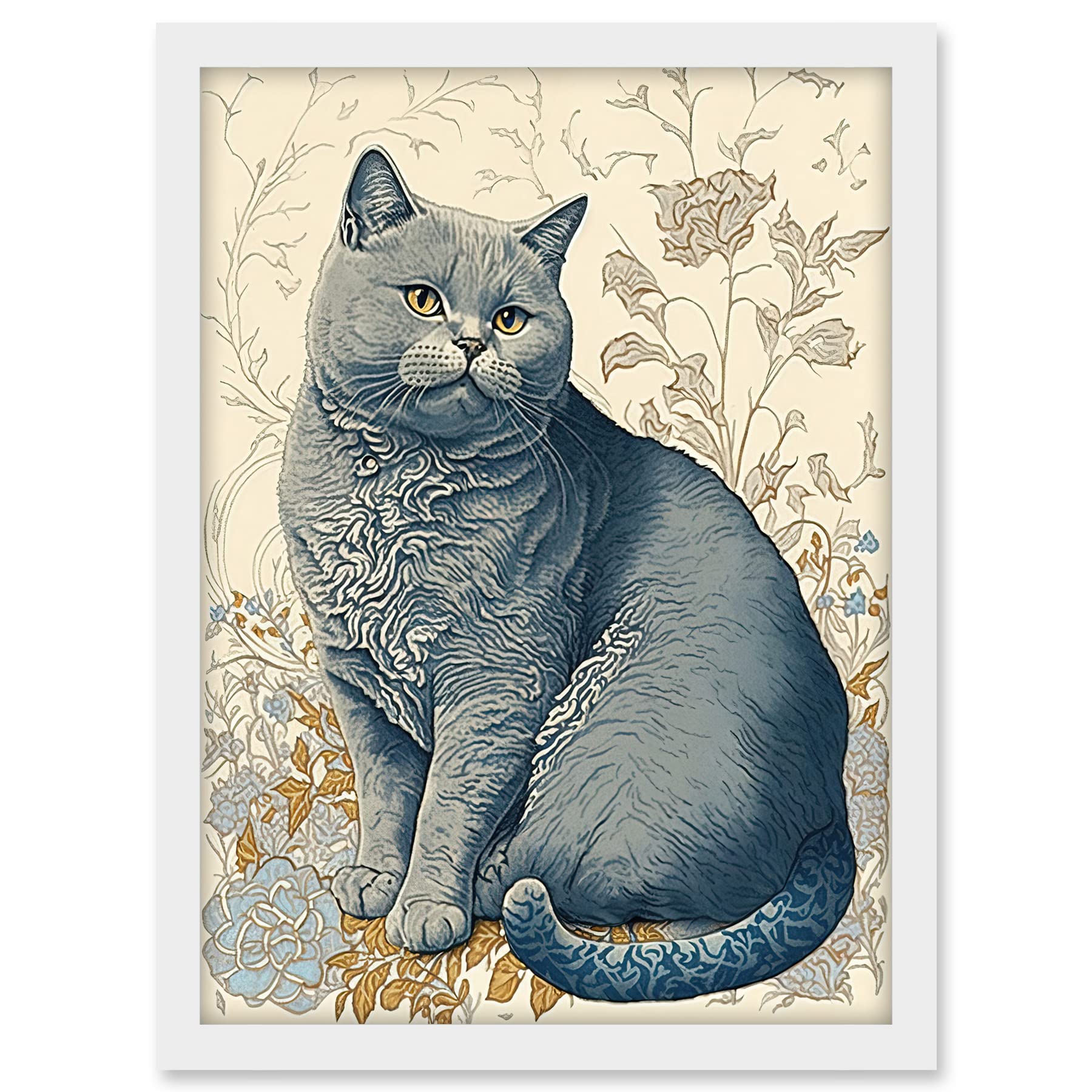 Artery8 William Morris Inspired Cat Portrait with Flowers Modern Illustration Artwork Framed A3 Wall Art Print
