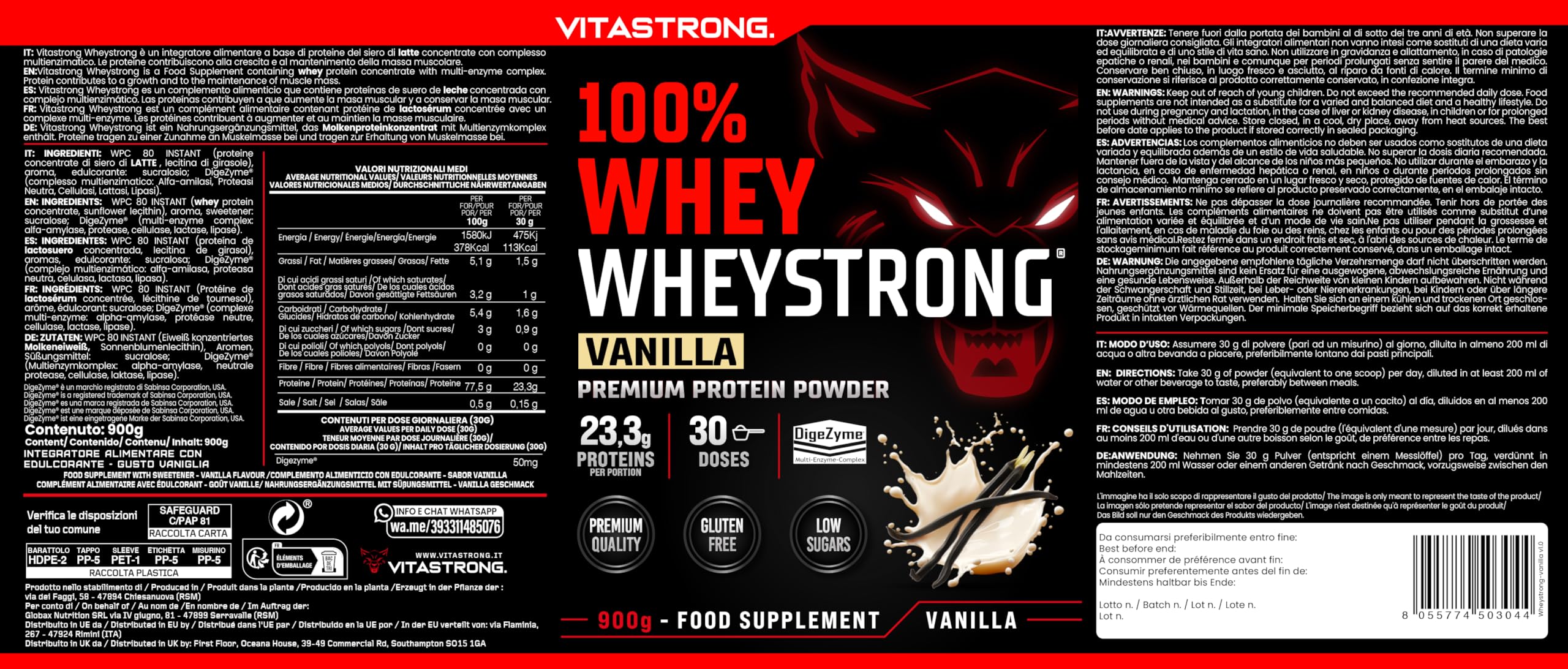 Protéine en Poudre Cookies 900g, 100% Protéine en Poudre avec DigeZyme® Haute Digestibilité et Concentration Élevée, Protéine Whey Isolate (900g, Vanille)