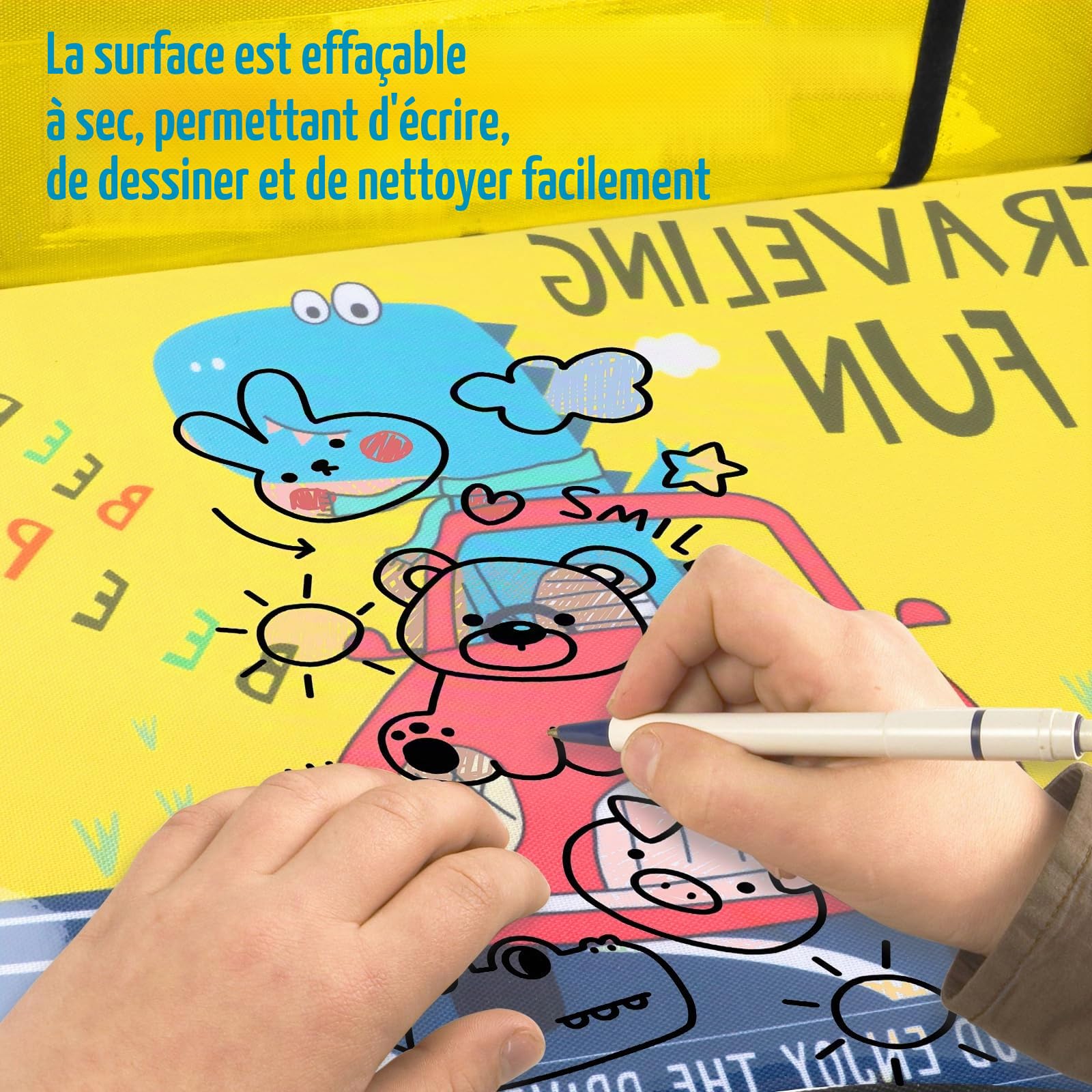Plateau Voiture Enfant, Plateau de Voyage avec Planche à Dessin, Organisateur Voiture pour Siège Enfant avec Plusieurs Compartiments, Facile à nettoyer (Dinosaure)