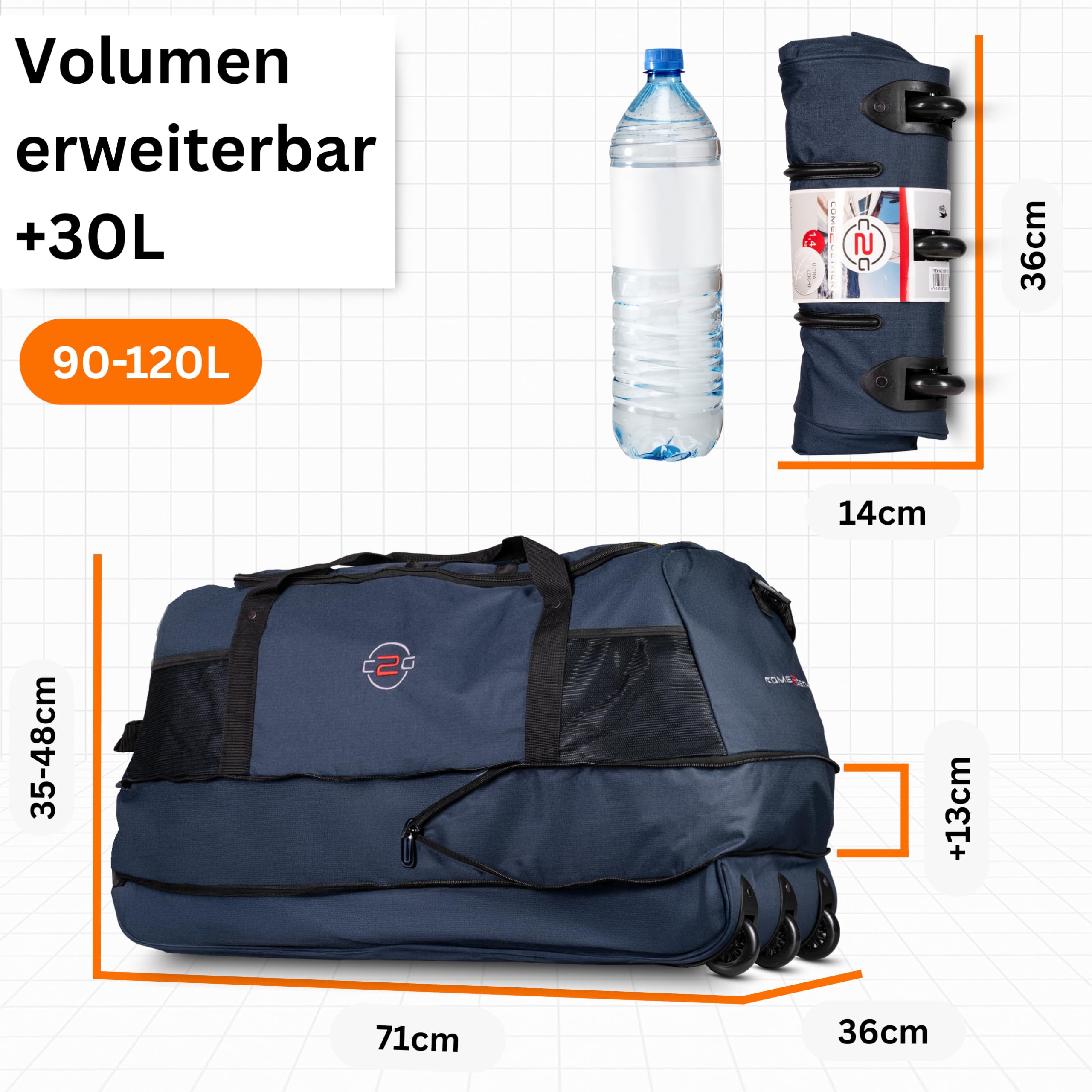 Große Reisetasche mit Rollen 120 L – Faltbare Rolltasche & Sporttasche XXL – leicht, robust & platzsparend – ideale Reisetasche zum Ziehen für Urlaub, Sport & Training (Navy)