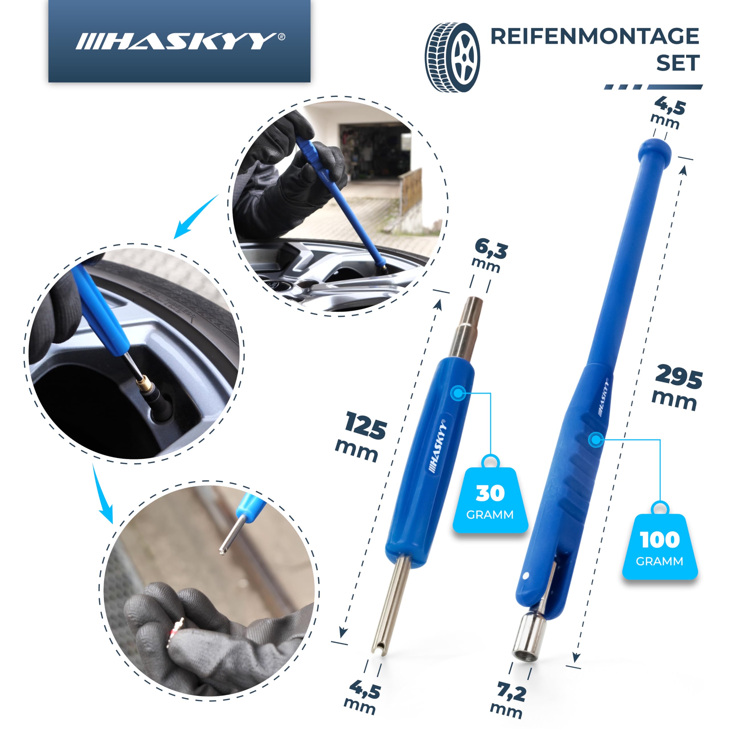 HASKYY Kit d’Outils et Accessoires pour Montage de Pneu (masselotte, grattoir, décapant, démonte-obus, Tire-Valve, Pince pour Masses), Bleu