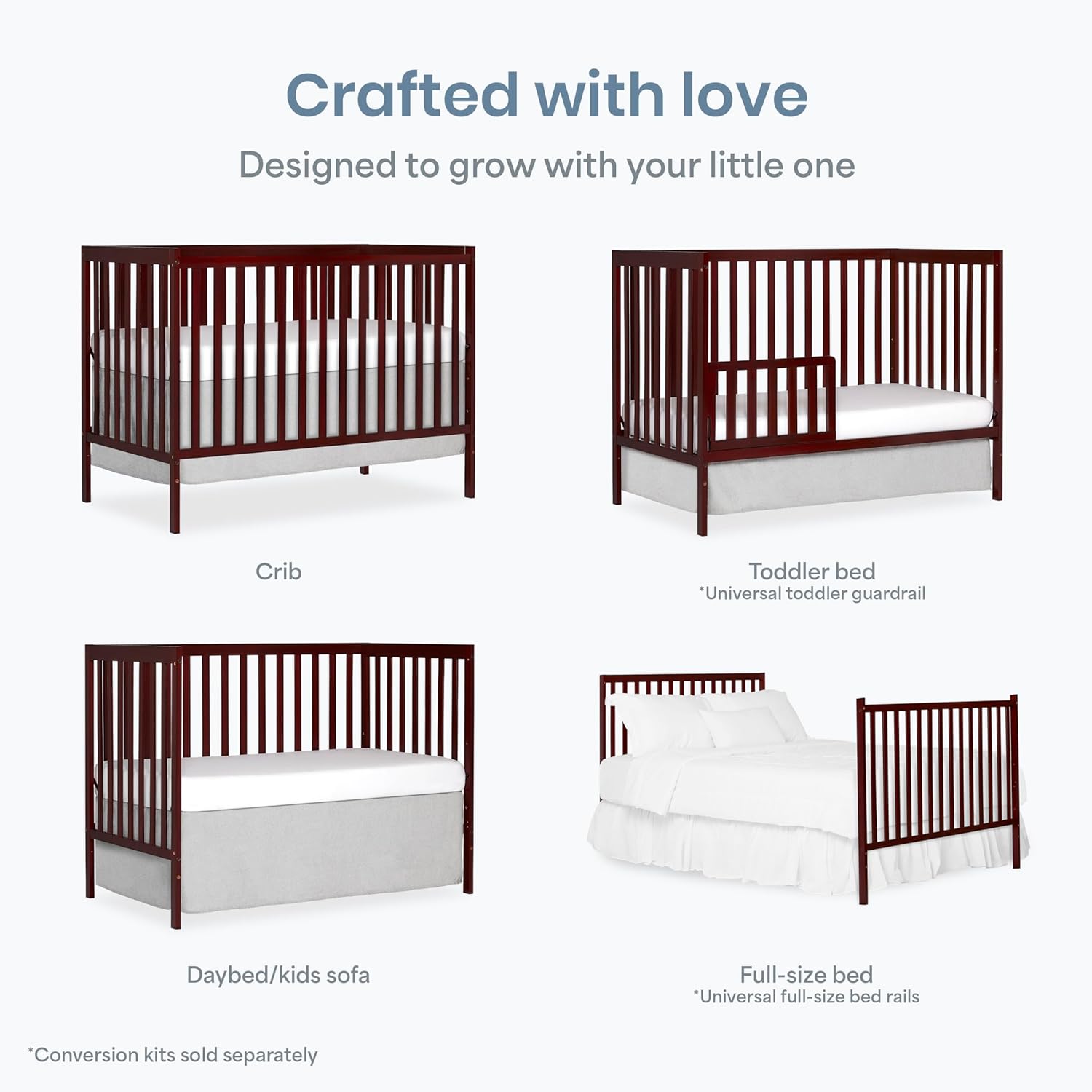 Dream On Me Synergy 5-in-1 Convertible Full-Size Baby Crib with Toddler, Day & Full Bed Conversion in Cherry, GreenGuard Gold & BSA, 3 Mattress Heights, Sustainable Pinewood - Image 4