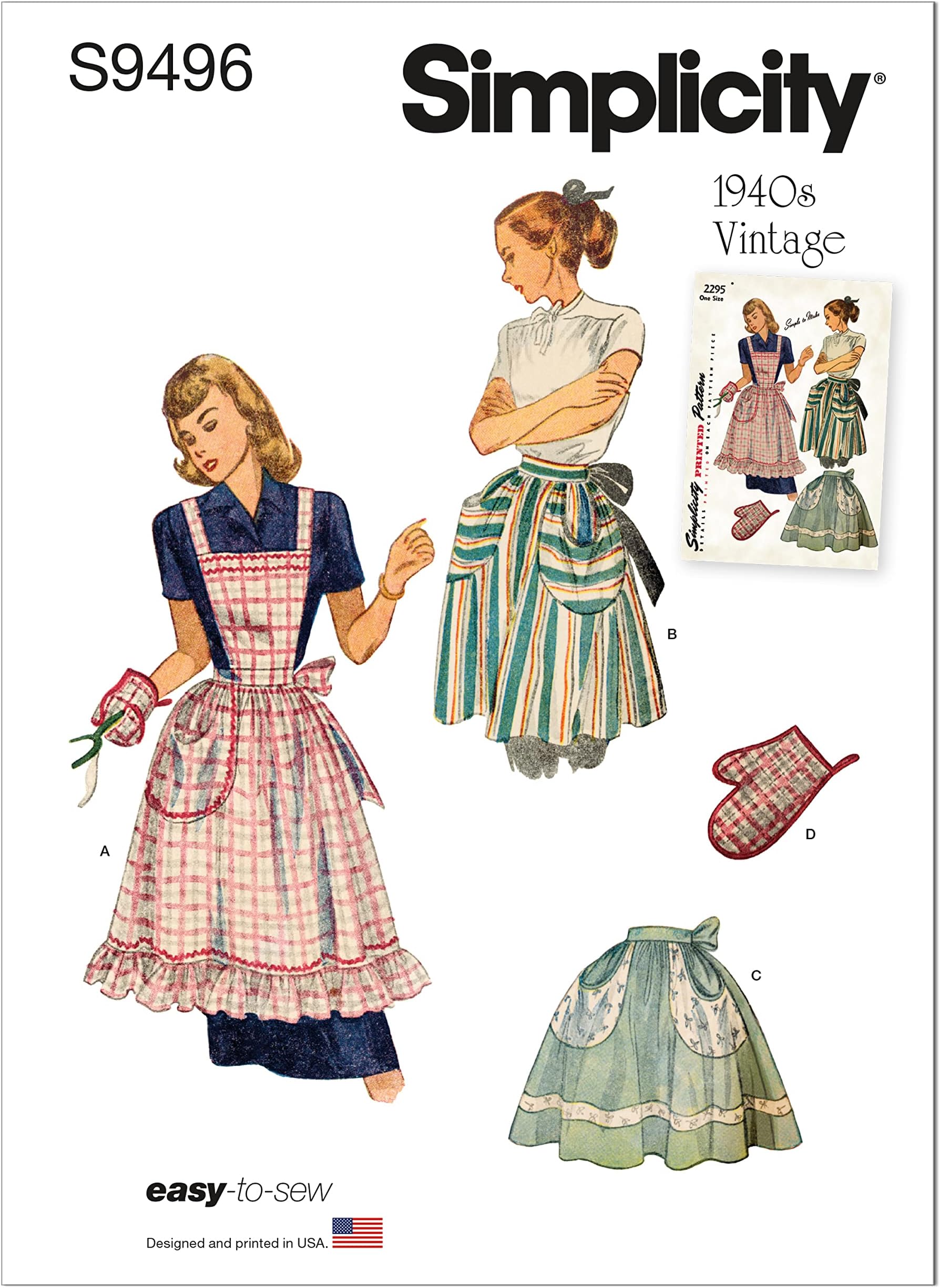 Simplicity Misses' Vintage Apron Sewing Pattern Kit, Code S9496, One Size, Multicolor