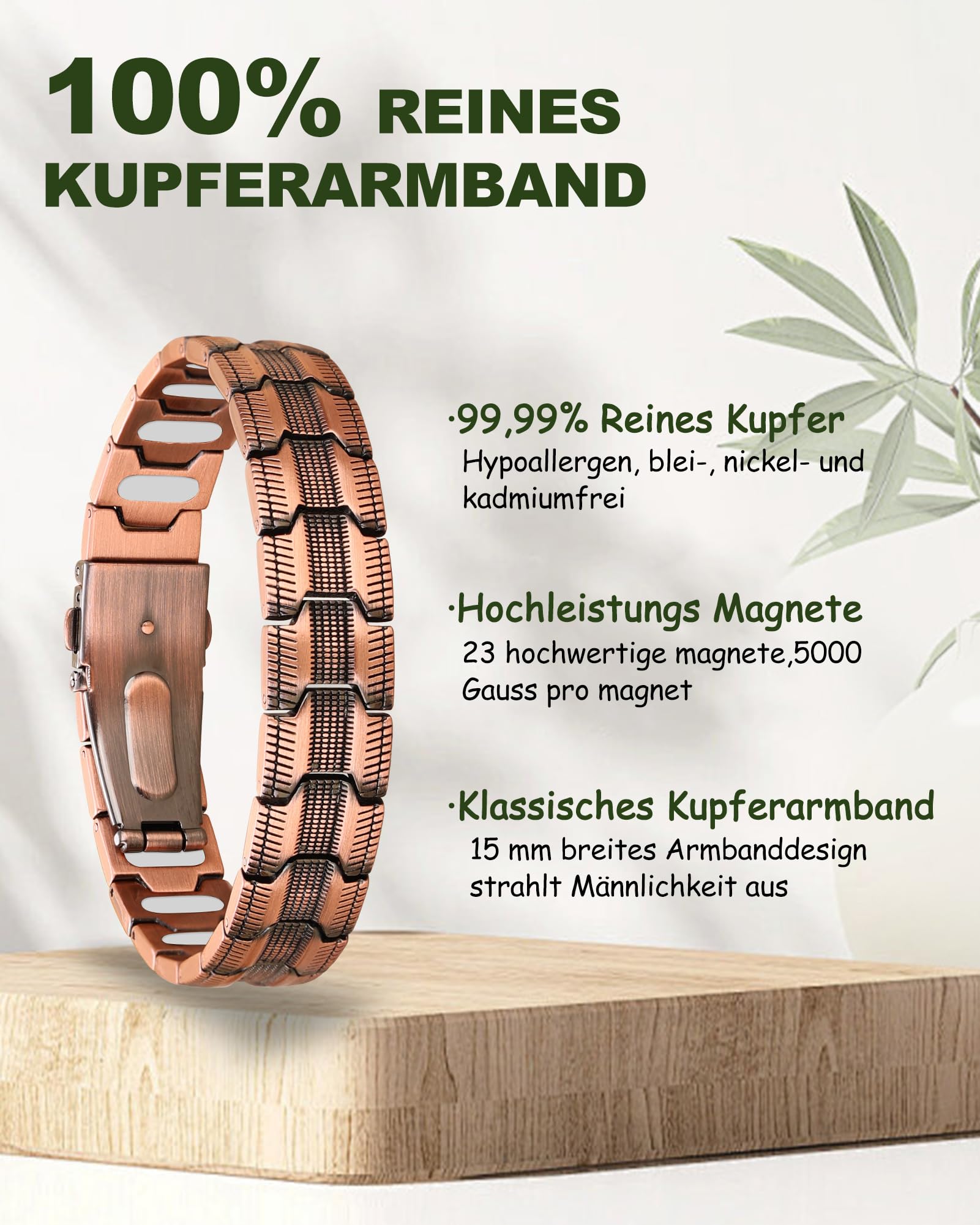 MagEnergy Bracelet en Cuivre pour Homme - Aimants Ultra-Forts de 5000 Gauss, Ajustable avec Outil de Réglage