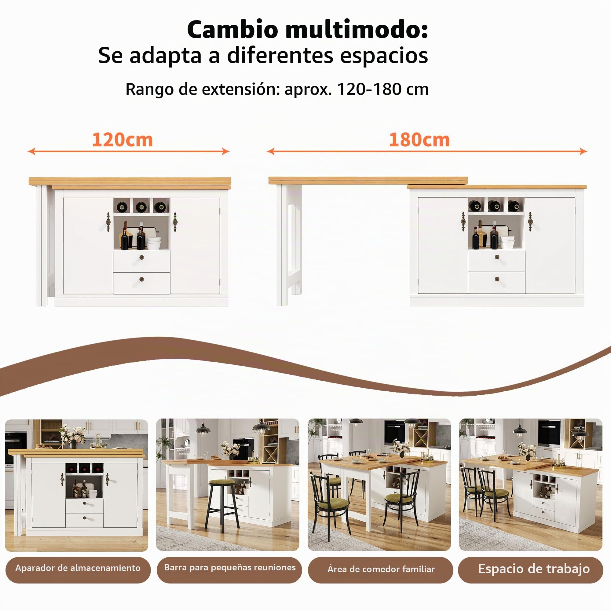 Mesa de bar extensible con función de giro de 360° y espacio de almacenamiento, mesa de bar de altura ajustable de 120-180 cm, mesa de bar con portavasos y compartimentos, mesa de diseño extensible