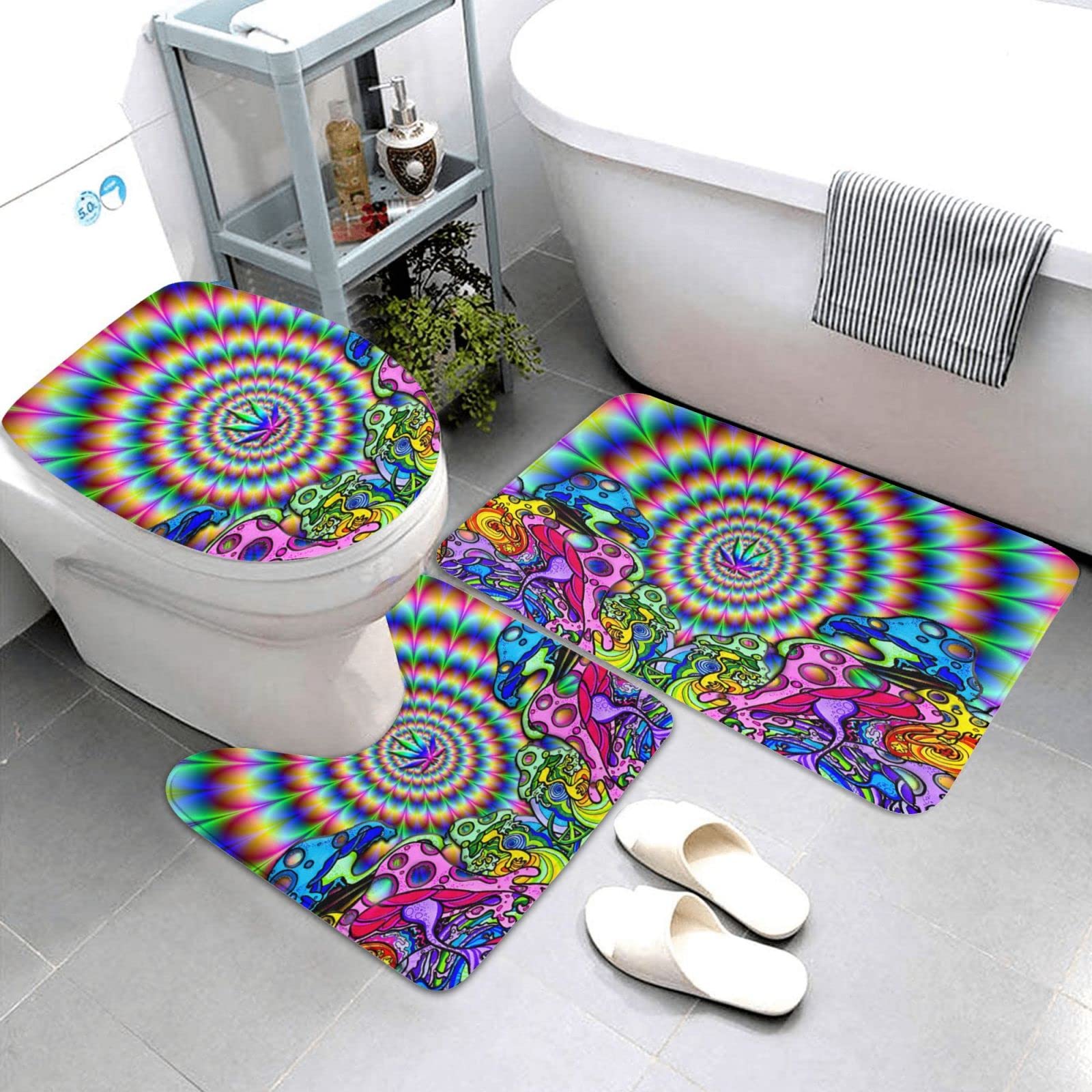 BAFAFA Lot de 3 tapis de bain motif mandala abstrait, champignon coloré, tapis de salle de bain super doux, antidérapant, tapis de toilette avec tapis en forme de U pour salle de bain, baignoire,