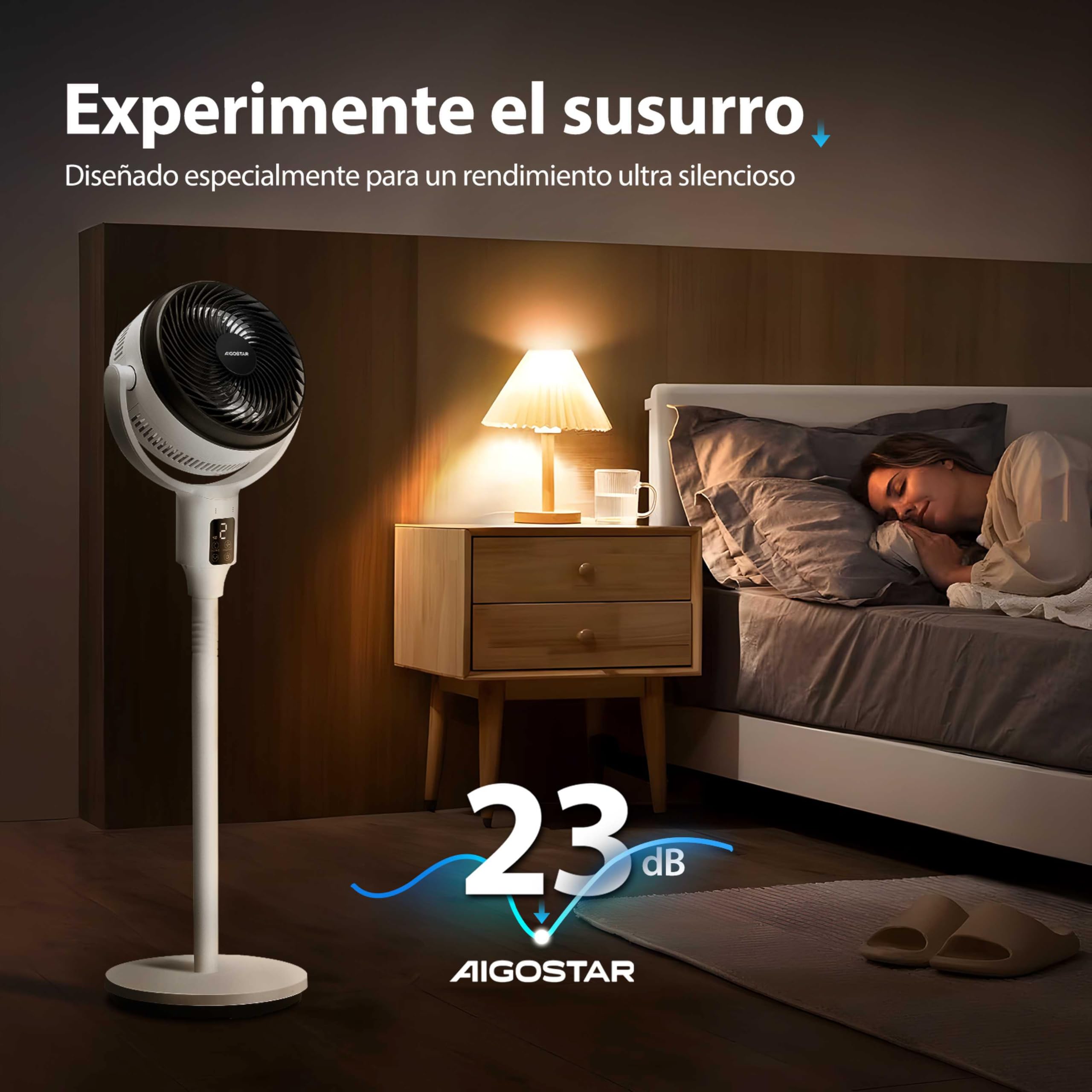 Aigostar Ventilador de Pie Silencioso 23dB con Mando, Motor DC, 24W Circulador Ventiladores Bajo Consumo, Oscilación 135°+85°, 9 Velocidades y Temporizador 9 H, Función de aromaterapia, Blanco Airflow