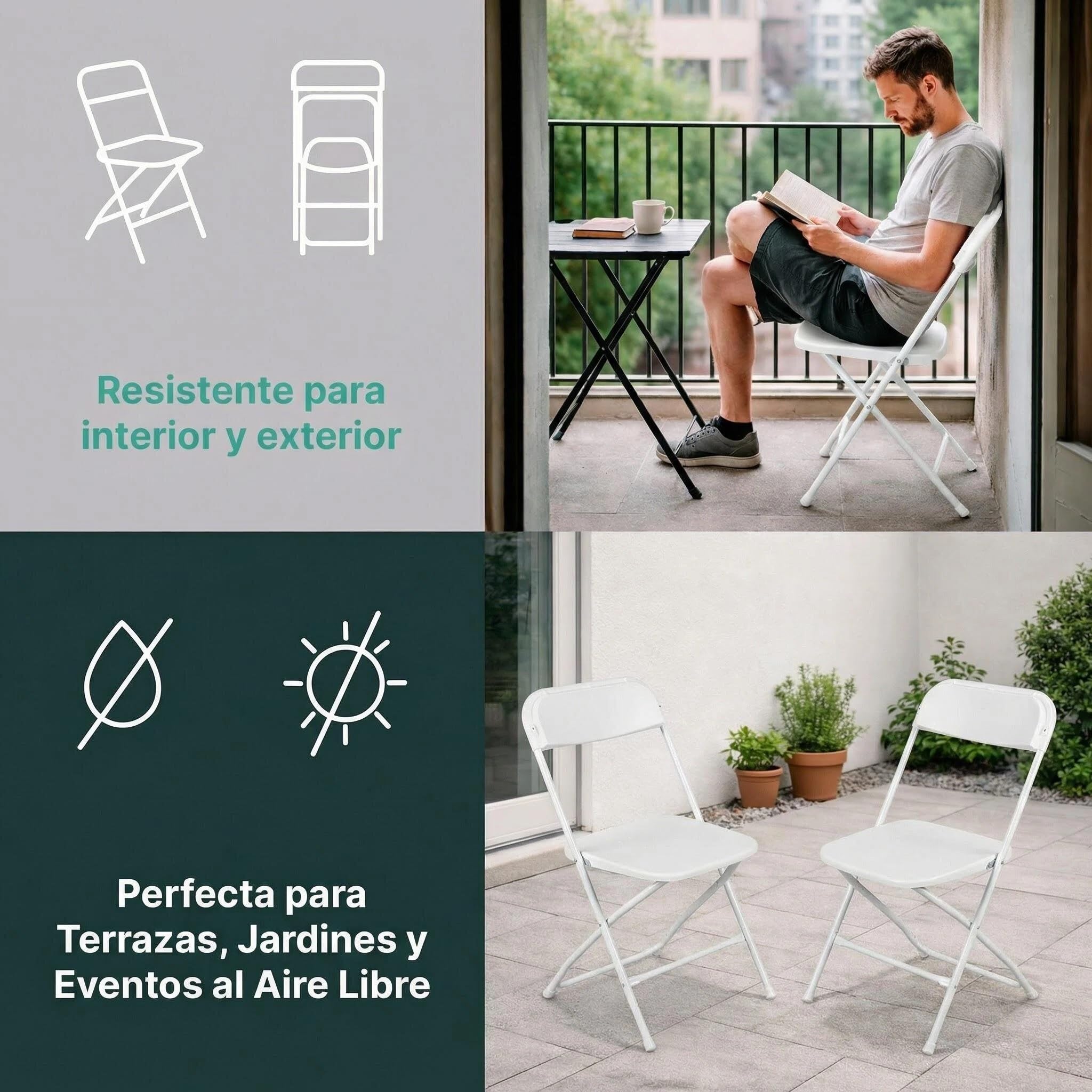 Premium Moments Silla Plegable para Interior y Exterior – Plástico Reforzado y Patas de Hierro con Refuerzo de Acero – Soporta hasta 160 kg – Ligera 2,5 kg – Fácil de Guardar y Limpiar (2, Blanca) — view 7