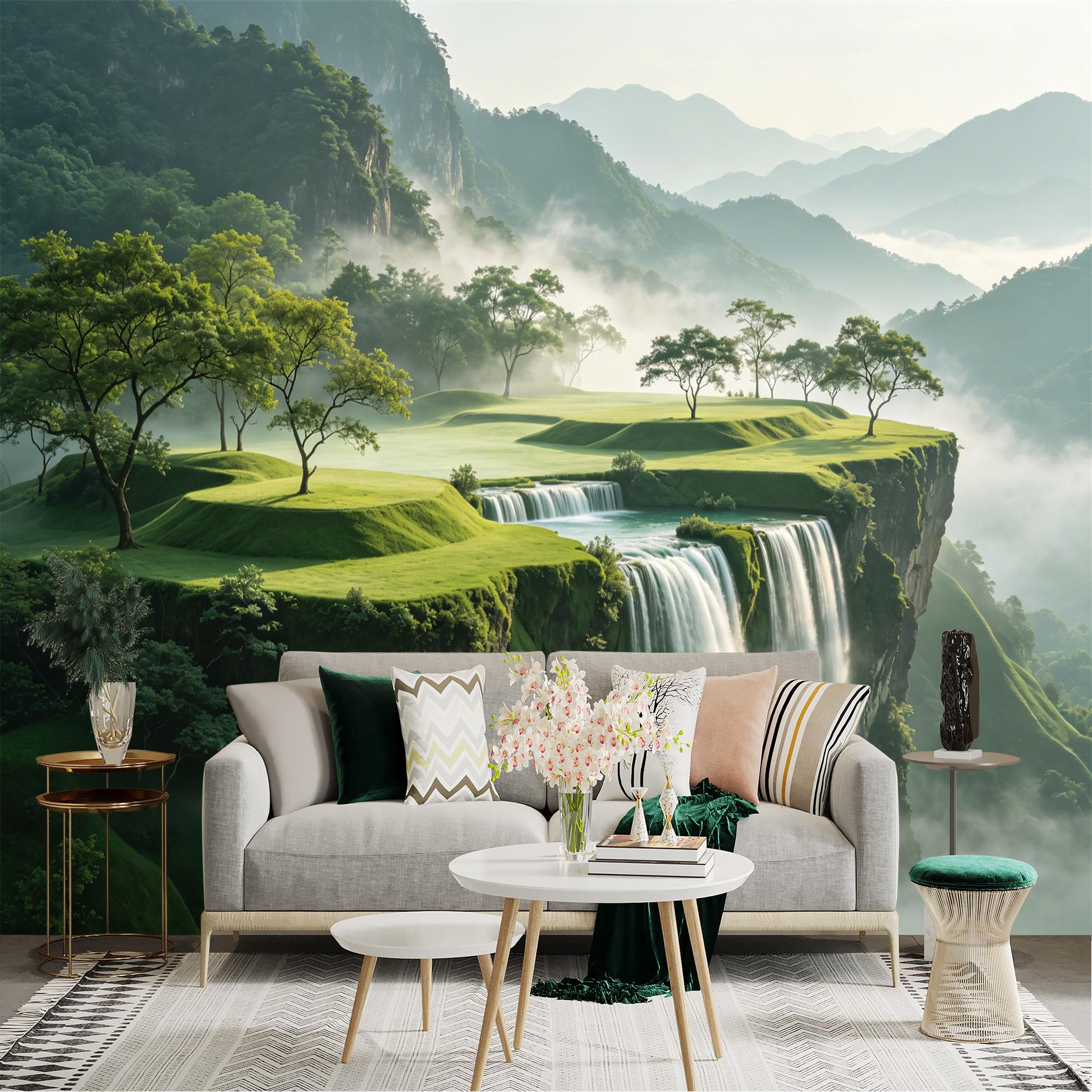 Lnzczhyre Dbh260521261 Custom Size Wall Sticker Mural， Scenic Waterfall On Cliff， Lush Green Hills， Misty Mountain Landscape， Serene Nature Scenery， For Wall Decoration， Peelandstick Wall Decals.