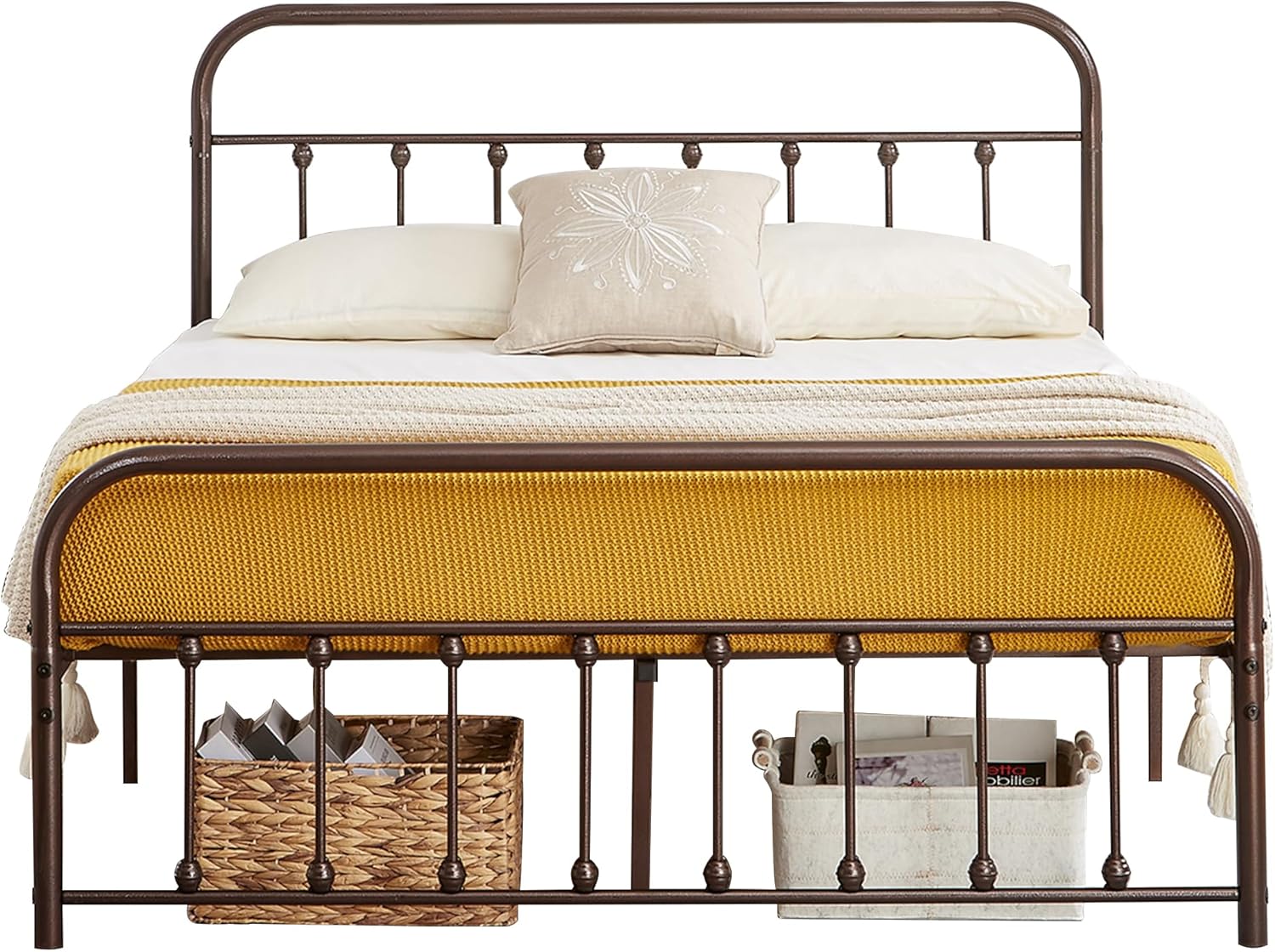 VECELO Queen Size Victorian Style Metal Bed Frame with Headboard Classic Metal Platform Bed Frame Mattress Foundation with Victorian Style Footboard/Under Bed Storage/No Box Spring Aple