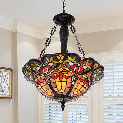 Miniatura 1 de Tiffany - Lámpara colgante de 18 pulgadas, lámpara de techo invertida rústica de vitrales para comedor, 3 luces semiempotradas, lámpara colgante