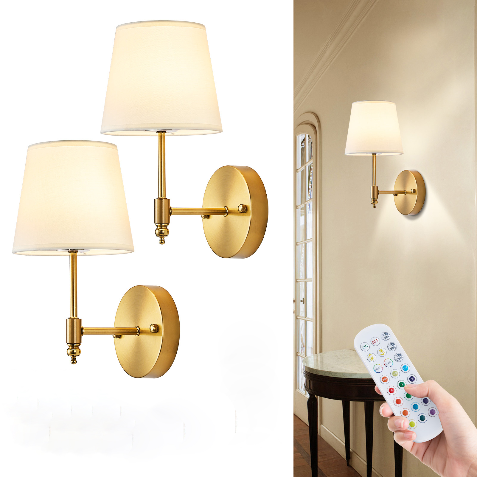 Image of Battery Operated Wall Sconce Set of 2,Gold Wireless Wall Light with Remote Control,RGB Dimmable Wall Sconces Set of Two 15 Colors,Rechargeable Bulbs Cordless Lamp for Bedroom Living Room