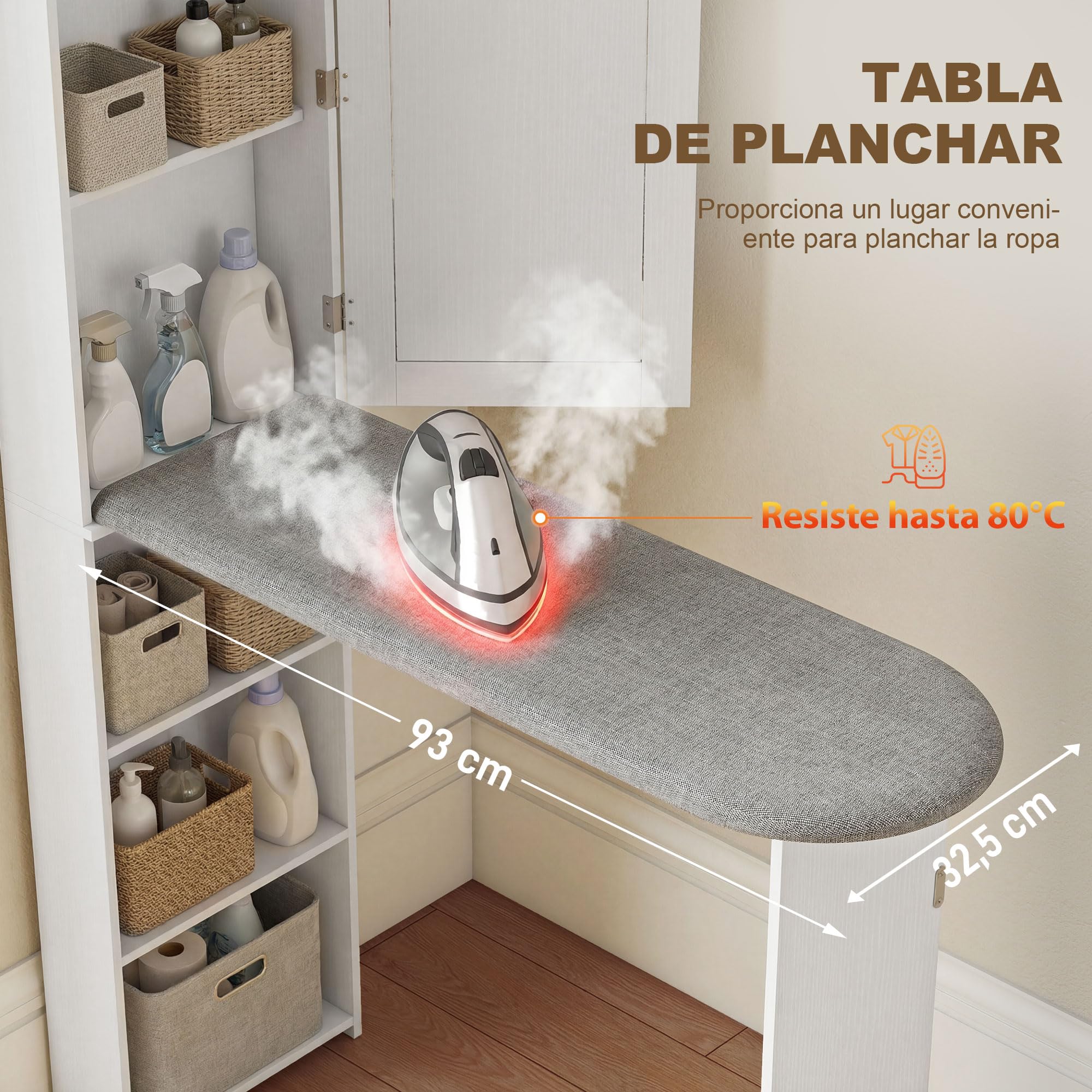 HOMCOM Mueble de Plancha con Espejo, Tabla de Planchar Plegable, Mueble Planchador con 6 Compartimentos, 2 Ganchos, para Espacios Reducidos, 107x35x174 cm, Blanco