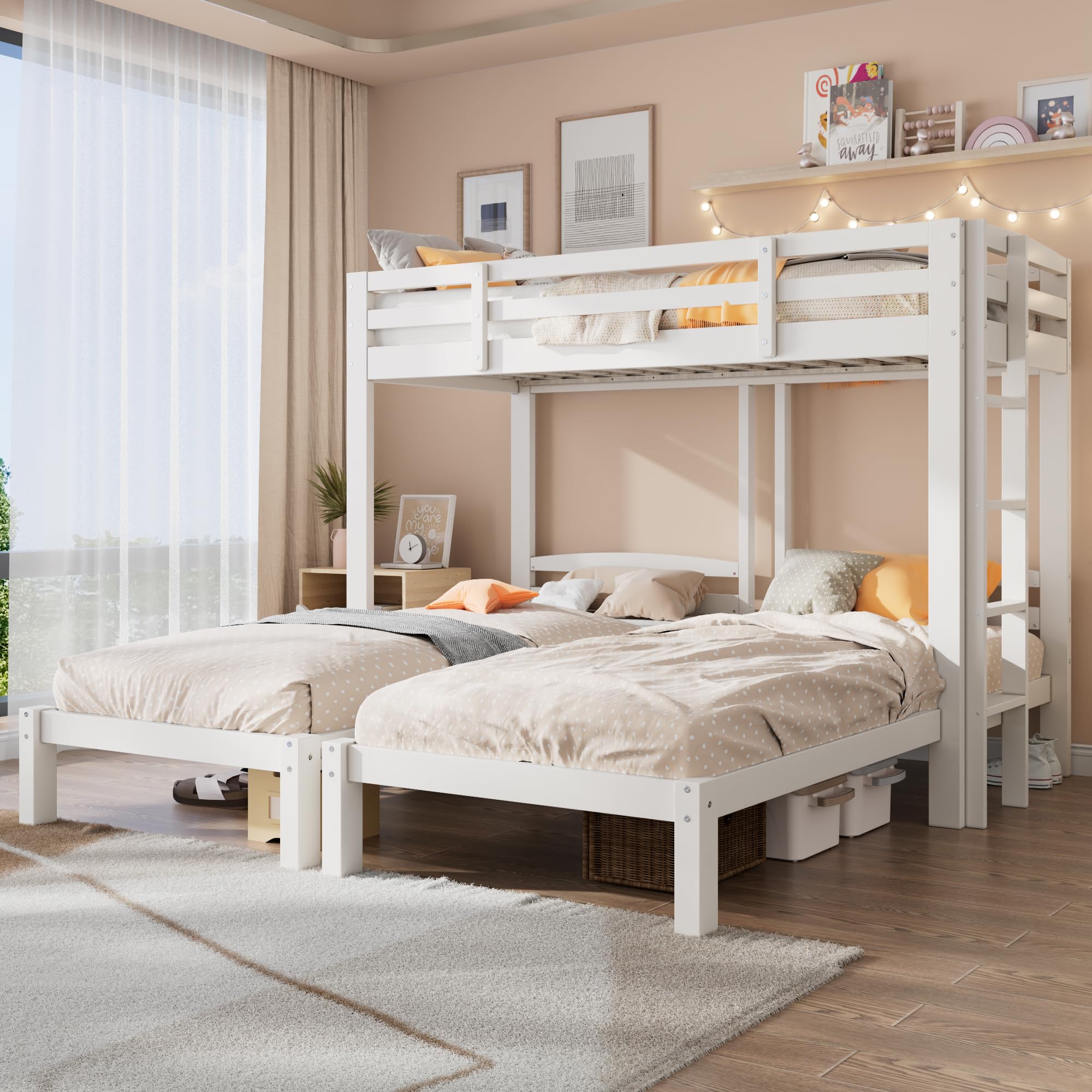 Cama Triple, litera Triple con Escalera Lateral para niños y jóvenes, Blanco (90 x 200 cm)