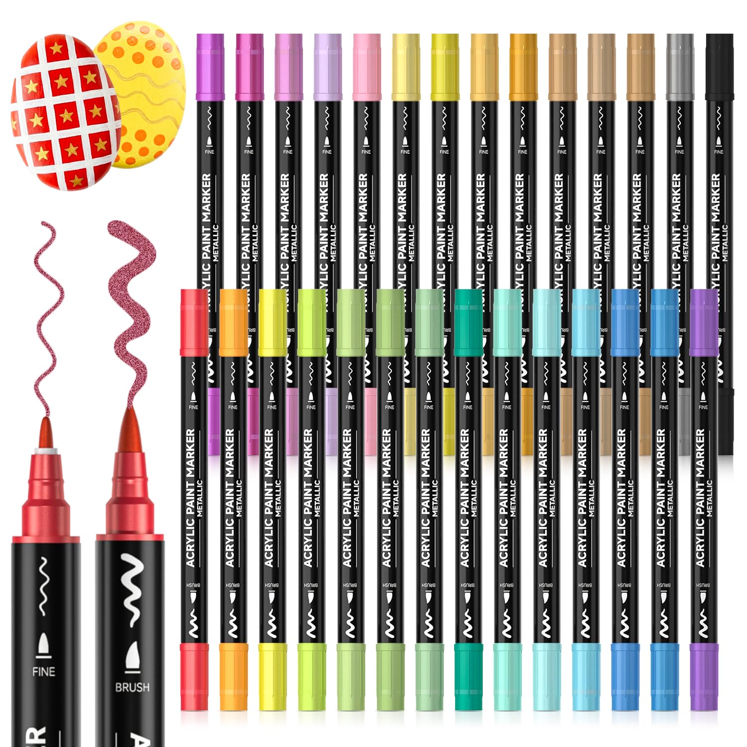 Shuttle Art Acrylic Marker, Metallic Color, Brush and Fine Point, Twin Pen, Set of 28 Colors, Glitter, Water-based, Paint Marker, Waterproof, Quick Drying, Water Resistant, Lightfast, Writable on Plas