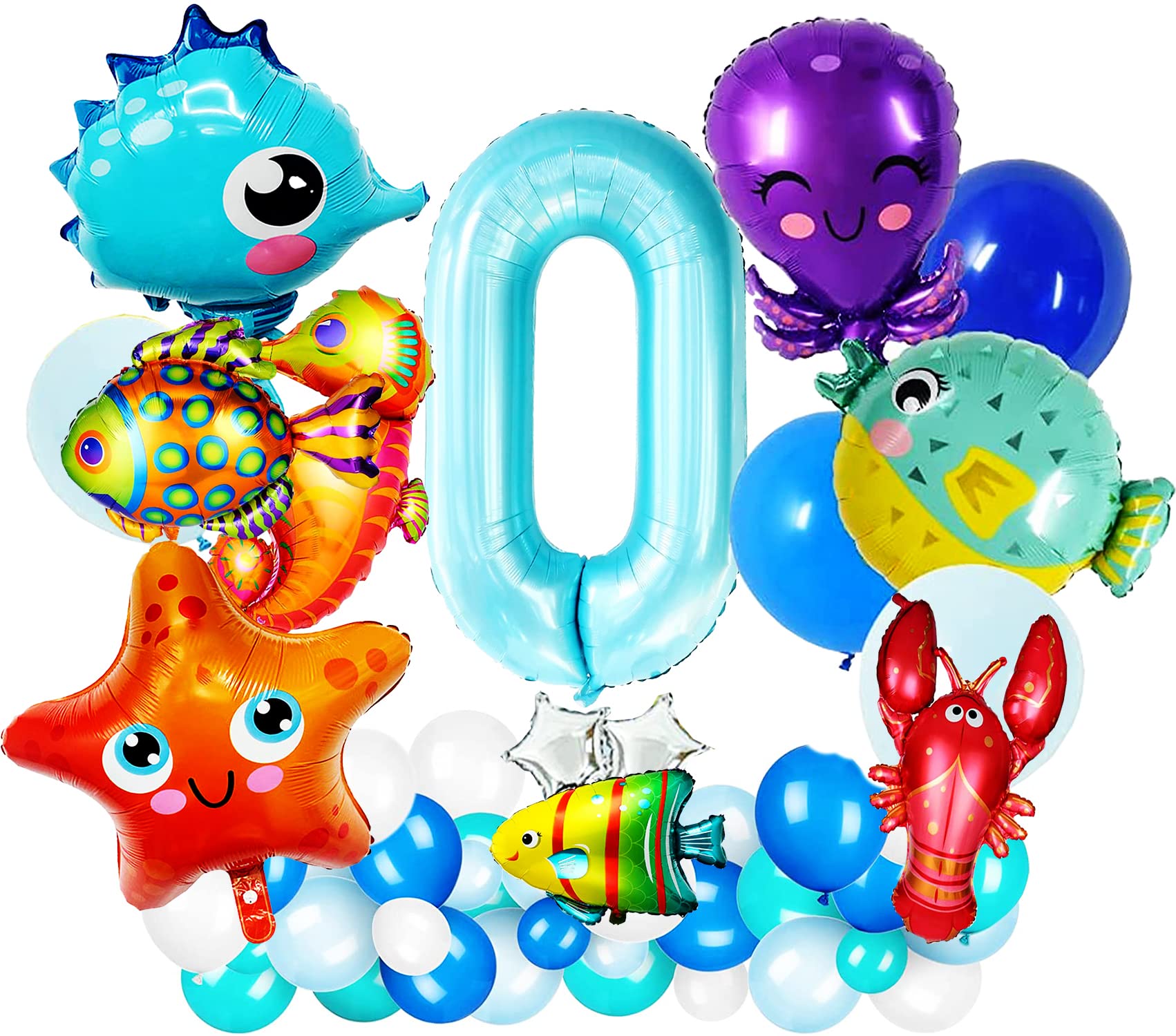 45 PCS Ocean Animals Birthday Party Decoration,Marine Animal Balloons Set Number 0 Octopus Puffer Fishe Starfish Blue Sea Balloon for Kids Ocean Birthday Party Decor Under Sea Party Supplies (No.0)
