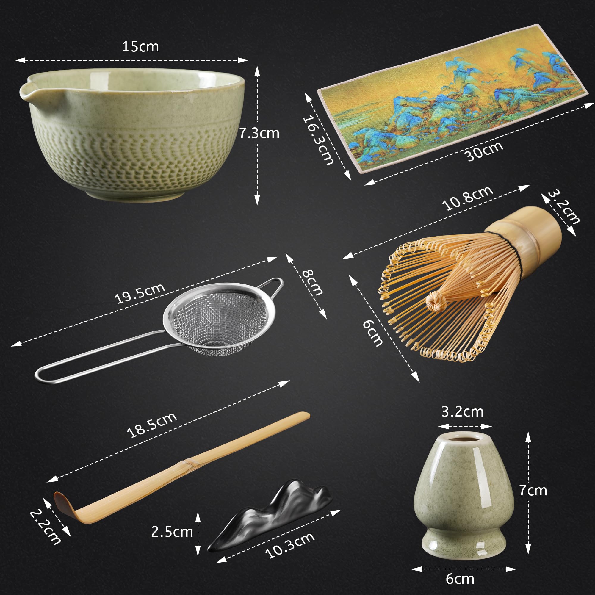 7-tlg. Keramik Matcha Set - Mit Besen, Schüssel & Sieb - Komplettset Für Matcha-Liebhaber & Anfänger