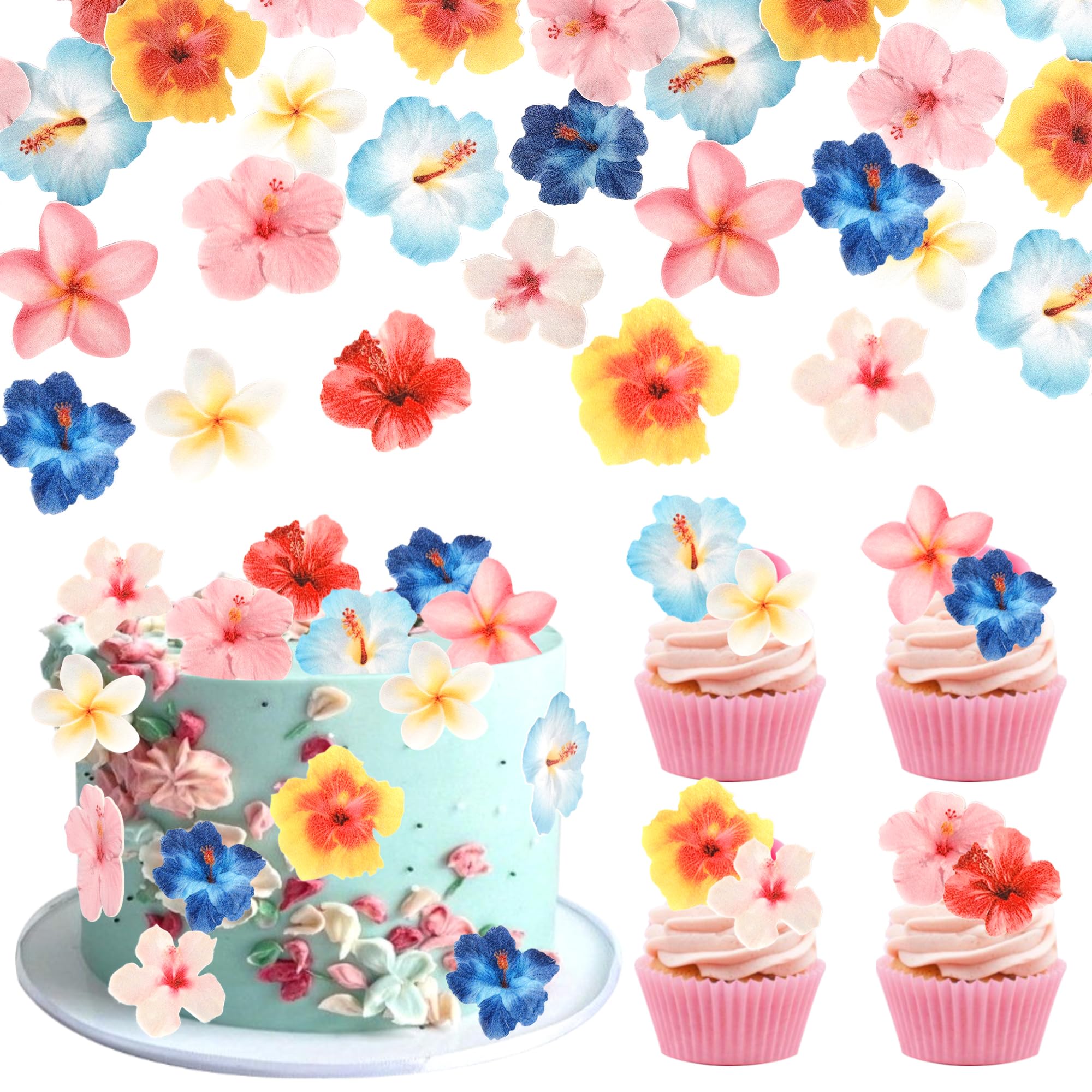 56 Stück Essbare Blumen Tortendeko Waffel Papier Blumen Kuchen Deko Blume Cupcake Toppers für Luau Hawaii Blume Hochzeit Baby Dusche Geburtstag Thema Party Kuchen Dekorationen Buntes