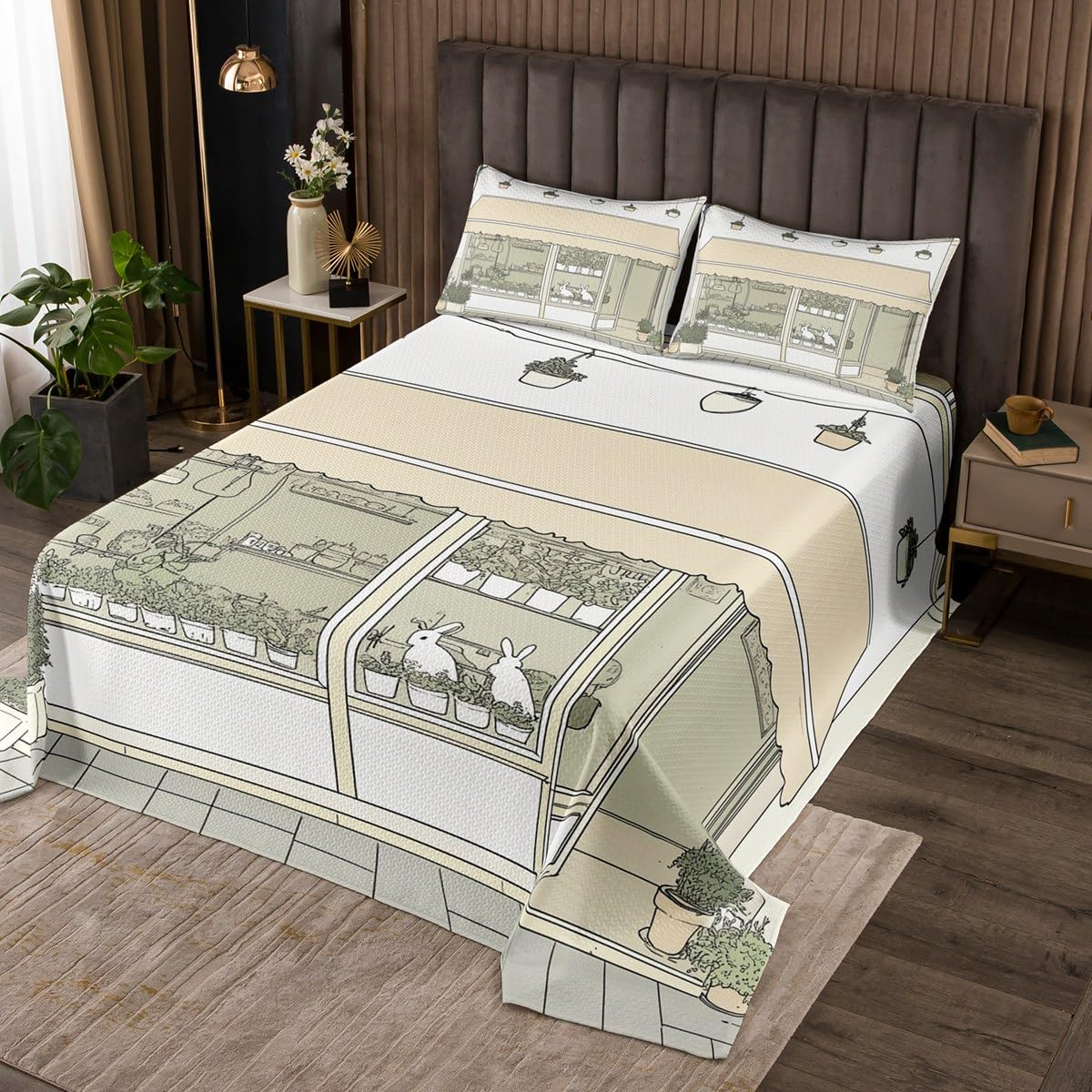 jejeloiu Cute Anime Bedspread 2Pcs Twin Size Kids Rabbit Japanese Street Coverlet Set for Boys Girls Bunny Quilted Coverlet,Microfiber