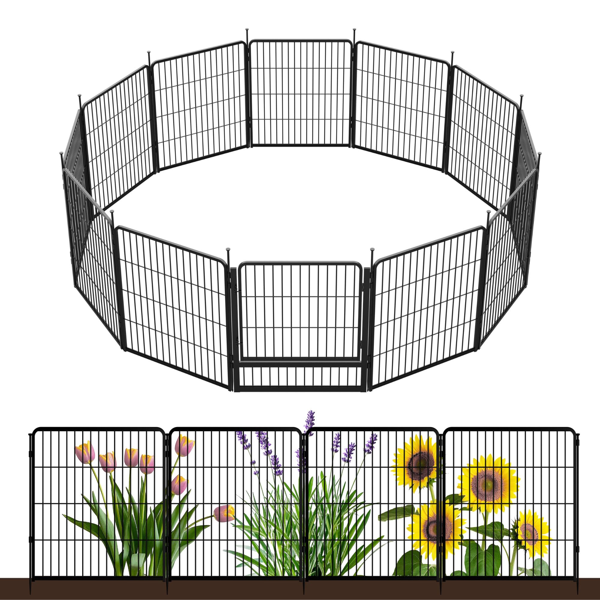 Decorative Garden Fence with Gate 80 cm(H) x 8.2 m(L) 12 Panels, Heavy Duty Metal Animal Barrier Fence for Yard, Flower Bed Fencing, Garden Border Fences, Easy Set Up, Black