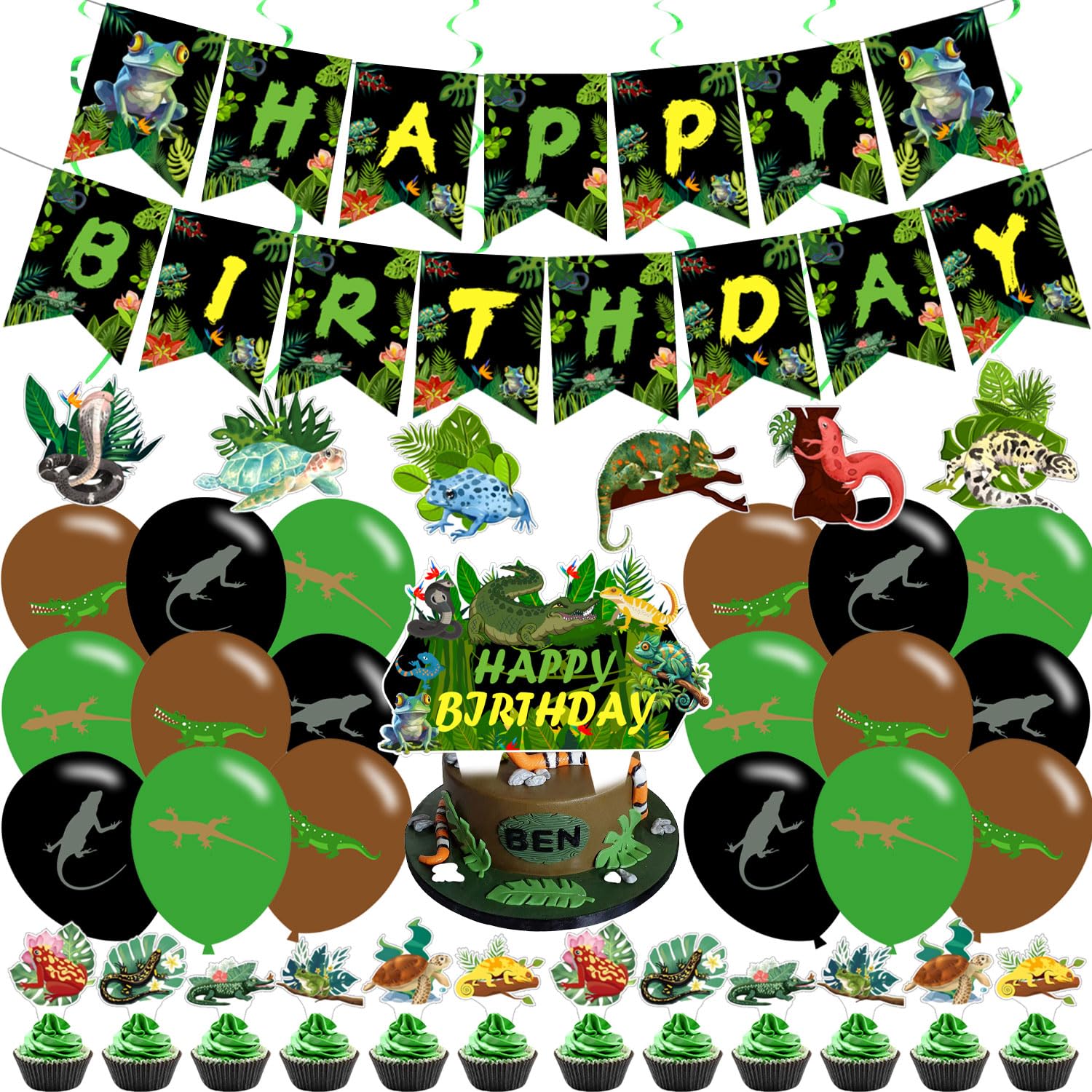 Reptile Birthday Party Supplies, Reptile Party Supplies Lizard Snake Crocodile Includes Birthday Banner, Balloons, Jungle Swamp Wilderness Snakes