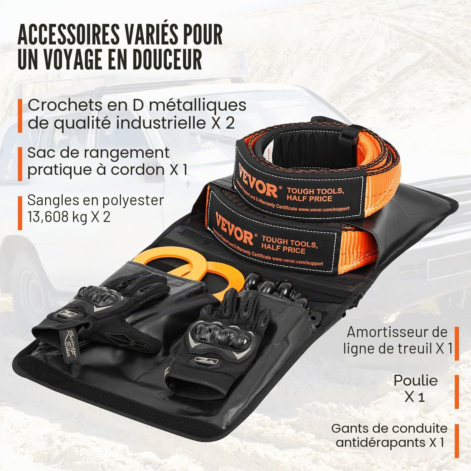 VEVOR Kit récupération tout-terrain 7,6x914,4 cm sangles de remorquage 13608 kg manilles à anneau en D 20000 kg récepteur manille, poulie de bloc d'arrachage, gants, sac rangement pour camion Jeep VTT