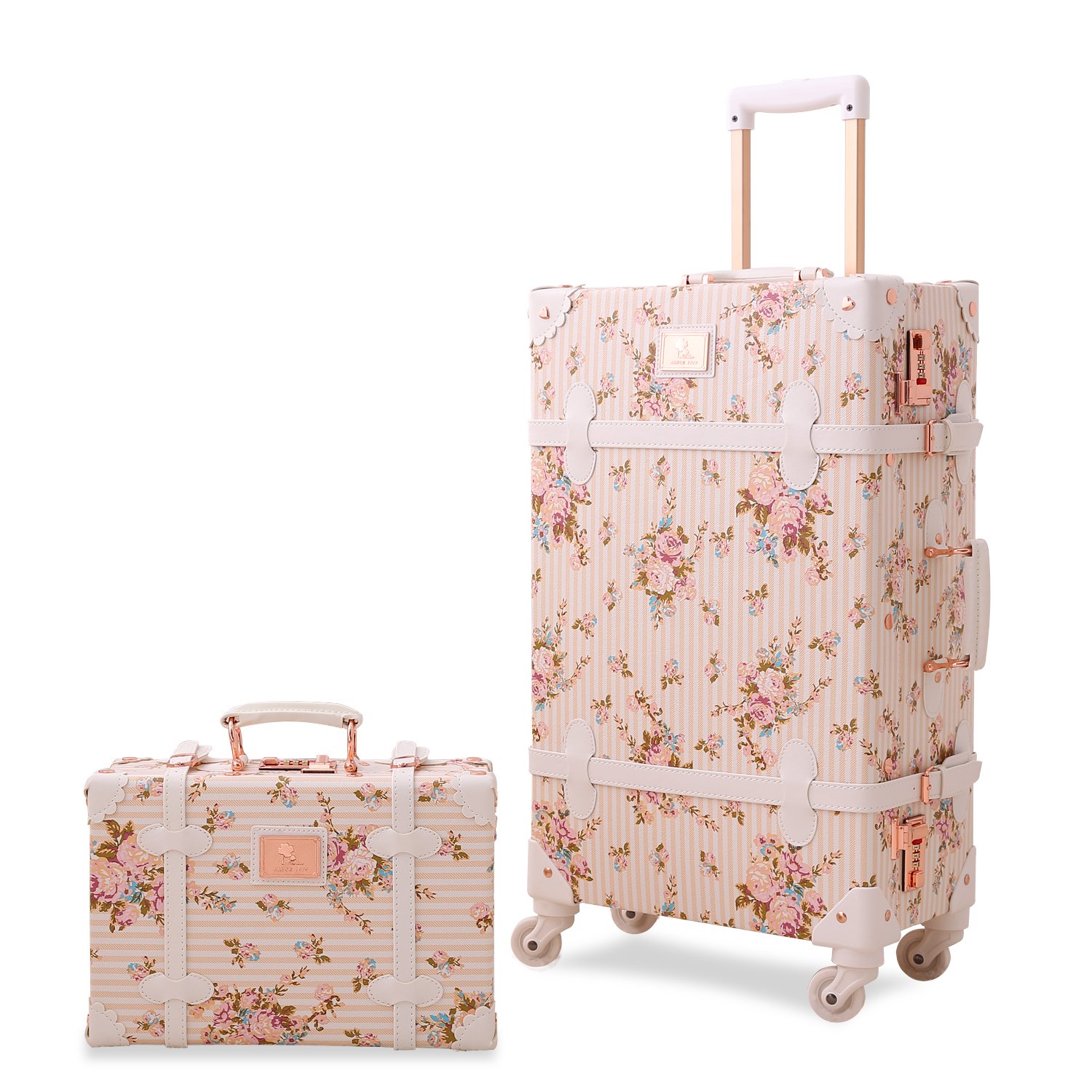 Unitravel Vintage Luggage Sets 20 inch Spinner Carry on Suitcase with 12 inch Handbag for Women (Floral Beige)