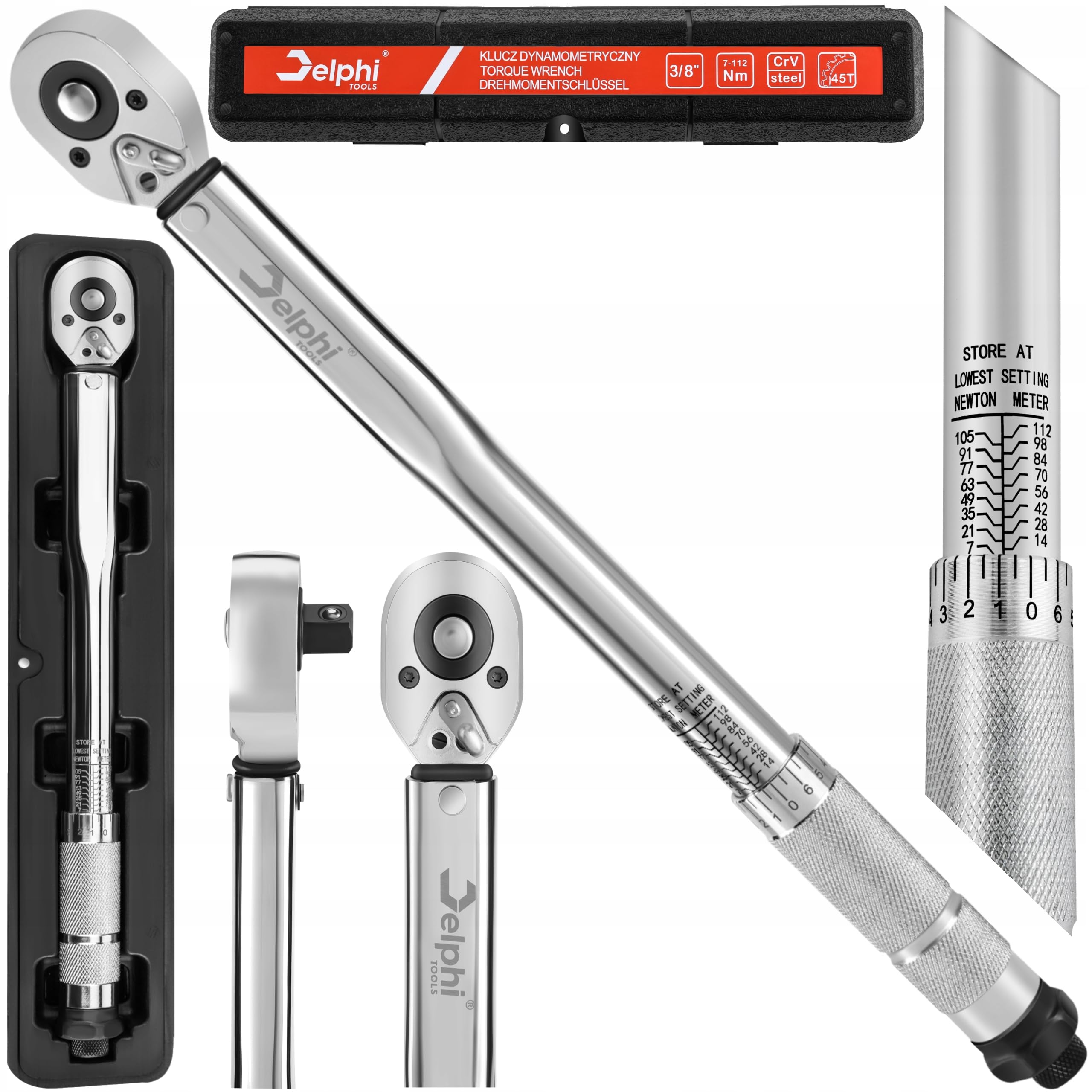 Delphi Llave dinamométrica de 3/8 pulgadas 7-112 Nm de CrMo con función de bloqueo y caja de almacenamiento para coche, moto, bicicleta, montaje de neumáticos