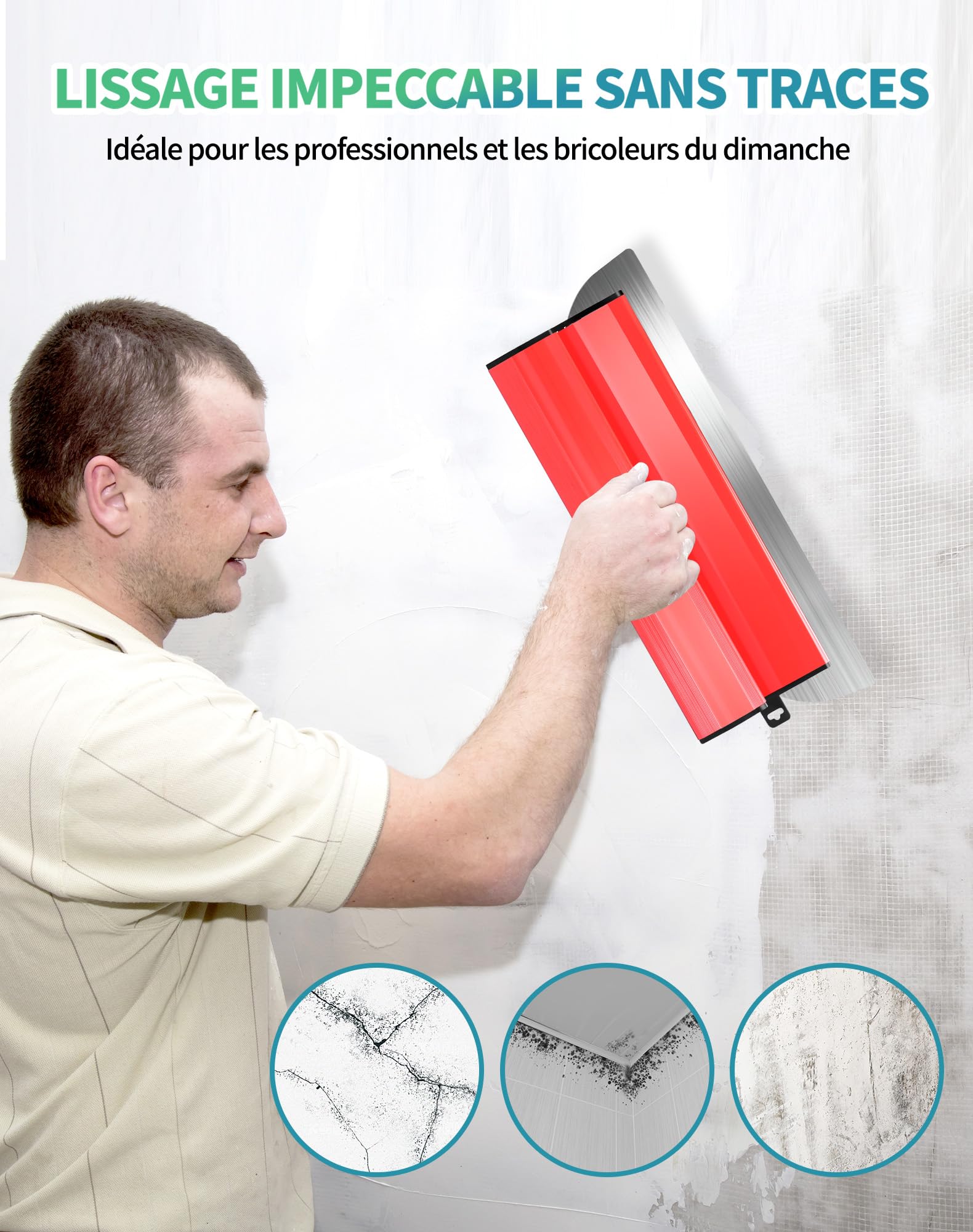 4x Spatule Enduit Lissage Set lisseuse enduit 80cm 60cm 40cm 25cm Couteau a Enduire Lame a Lisser Enduit avec Perche Télescopique 80-130cm Inox Outil Lissage