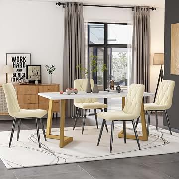 Juego de comedor (1 mesa de comedor con 4 sillas), mesa de comedor rectangular moderna, silla de comedor de sarga de terciopelo, patas doradas (beige), FC0006-1