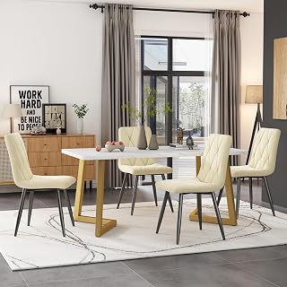 Juego de comedor (1 mesa de comedor con 4 sillas), mesa de comedor rectangular moderna, silla de comedor de sarga de terciopelo, patas doradas (beige), FC0006-1